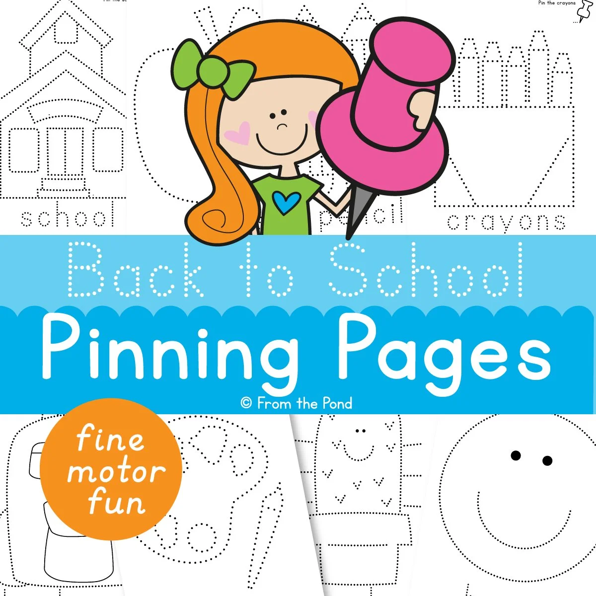 Back-to-school pokey pin pages featuring school-themed outlines for fine motor hole-poking display activities (apple, bus, pencil, etc.). 