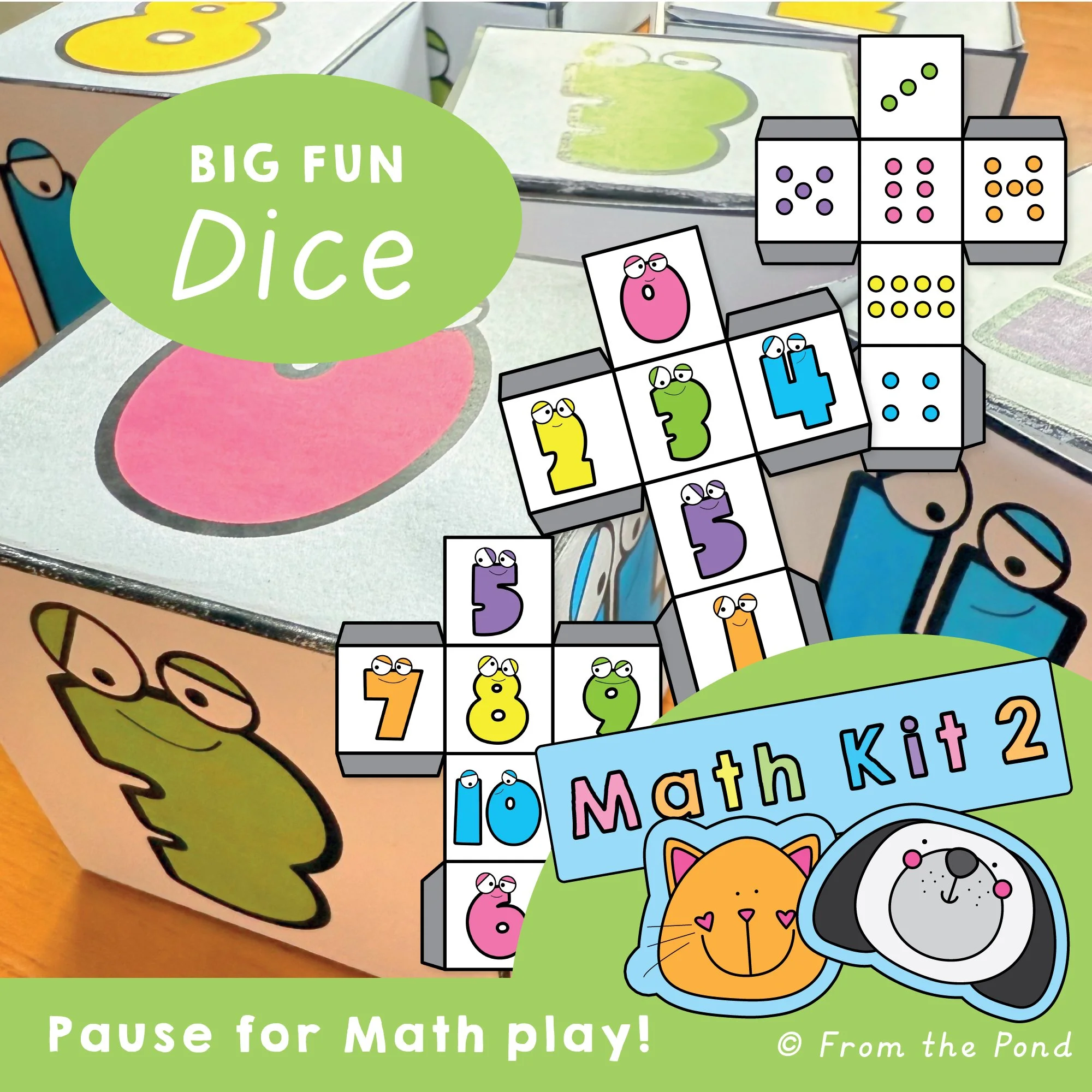  Enhance early math skills with the  Big Fun Math Dice  set, featuring 12 printable dice—6 with dot patterns and 6 with numerals—ranging from 0 to 10. These versatile dice support activities like counting, subitizing, number comparisons, and mental m