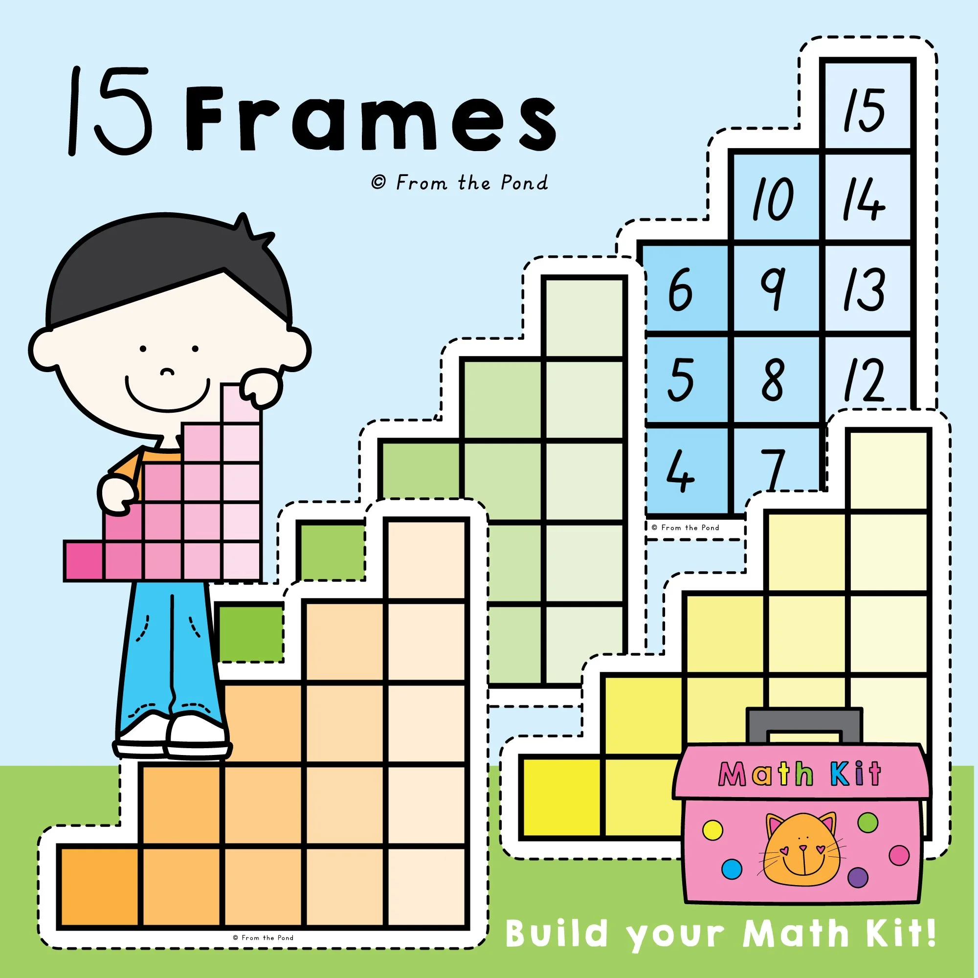  Enhance early math skills with  15 Frame Math Mats , designed for kindergarten students to explore counting and addition up to 15. These mats feature a staircase-like arrangement of squares, emphasizing how numbers grow one at a time and supporting 