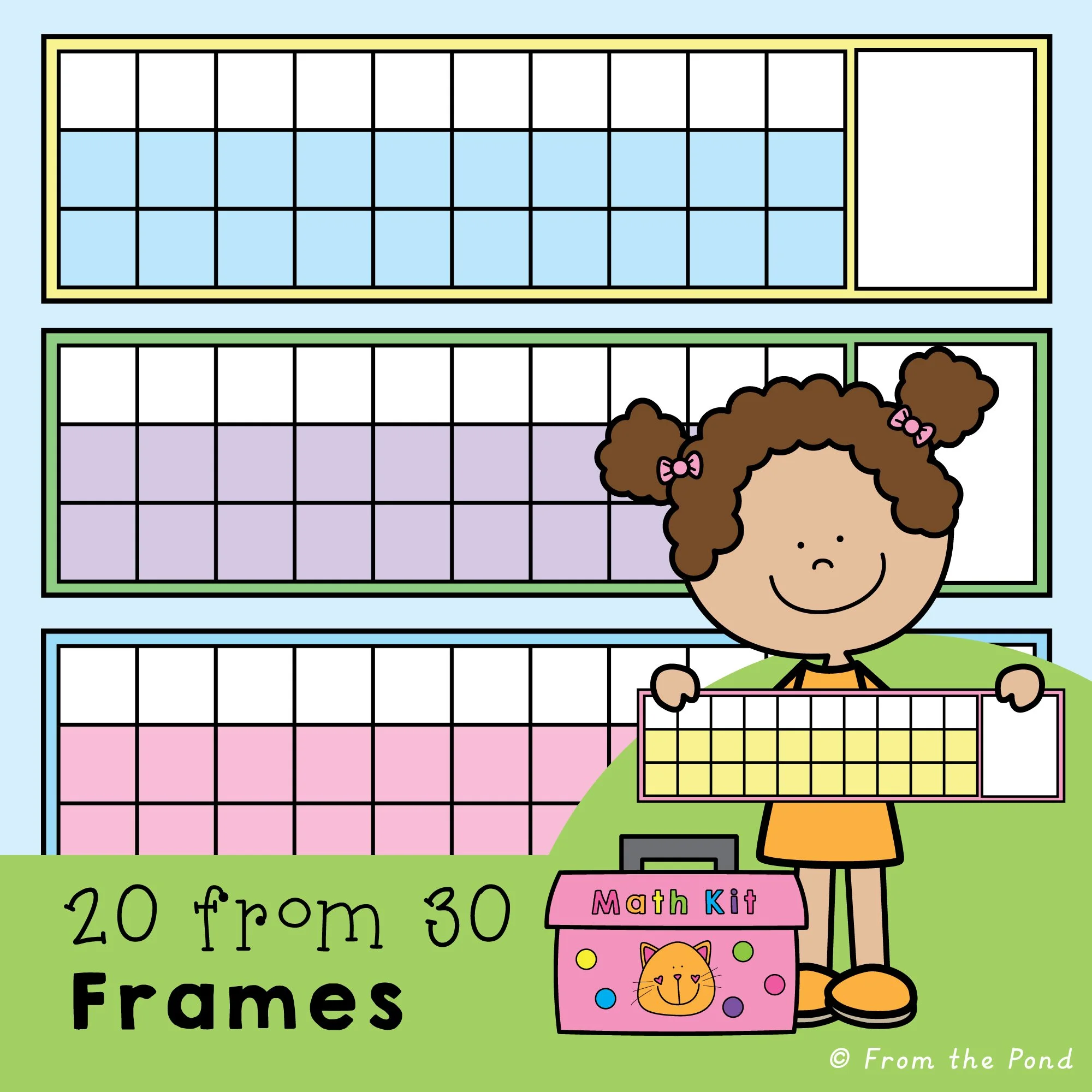  Enhance early math skills with  30 Frame Math Mats , designed for kindergarten and first-grade students to explore counting, addition, and place value up to 30. These versatile mats feature rows of 10 squares in 3 sections, color-coded to represent 