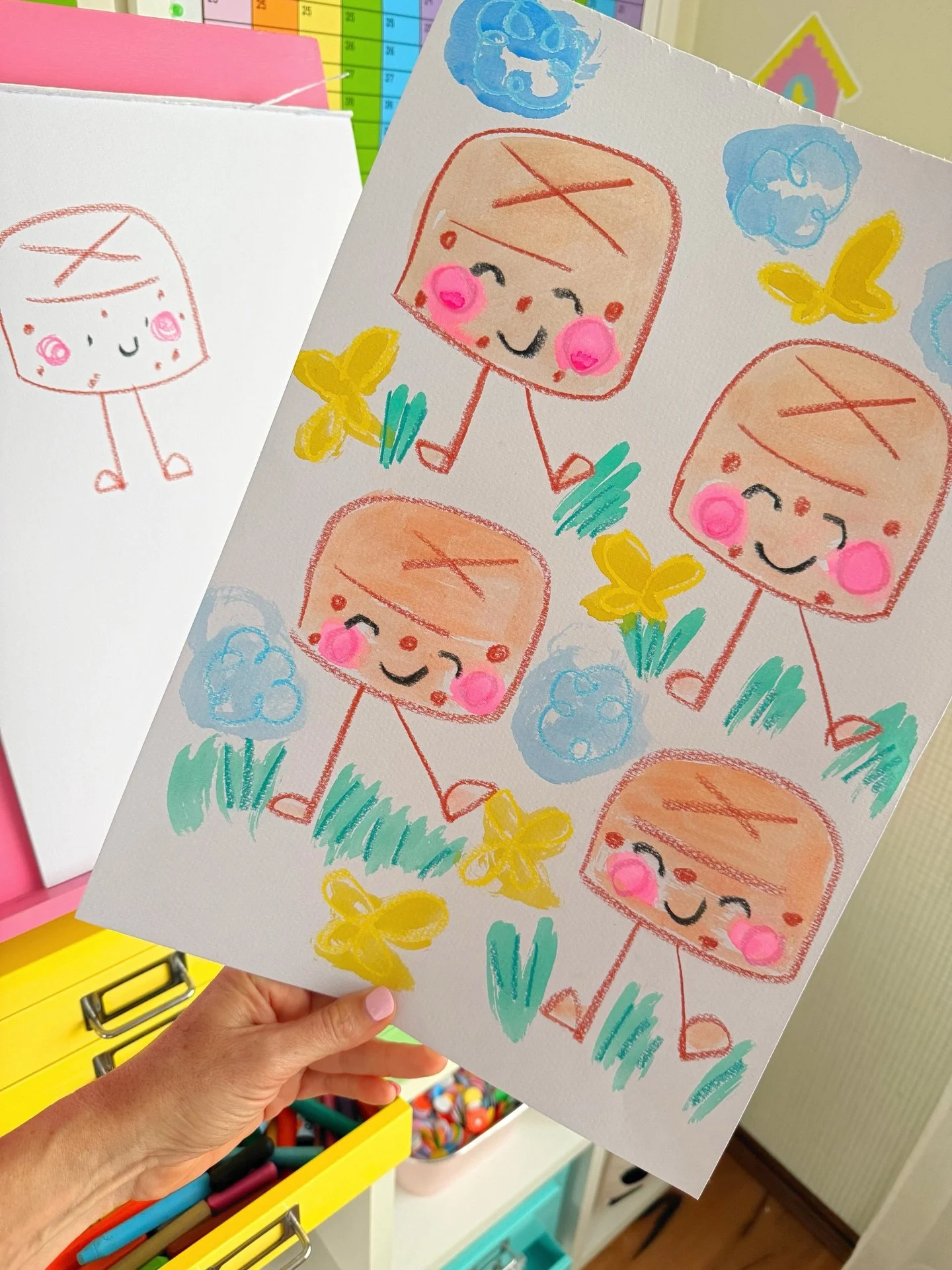 A sweet little Easter drawing idea 🐣💛

This hot cross bun got a cute makeover with a happy face, wiggly legs, and little yellow butterflies fluttering by 🦋

For a simple creative addition, try twisting soft paper to decorate your display &mdash; a