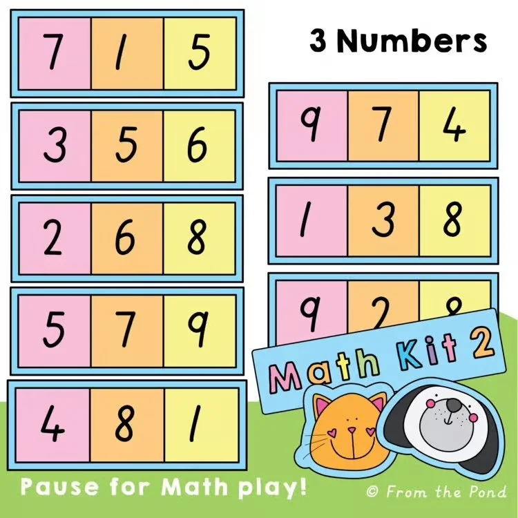  3 Numbers Math Play Cards – flexible Kindergarten math cards for warm-ups and number talks, using open-ended 3-number combinations to build addition thinking and number sense 