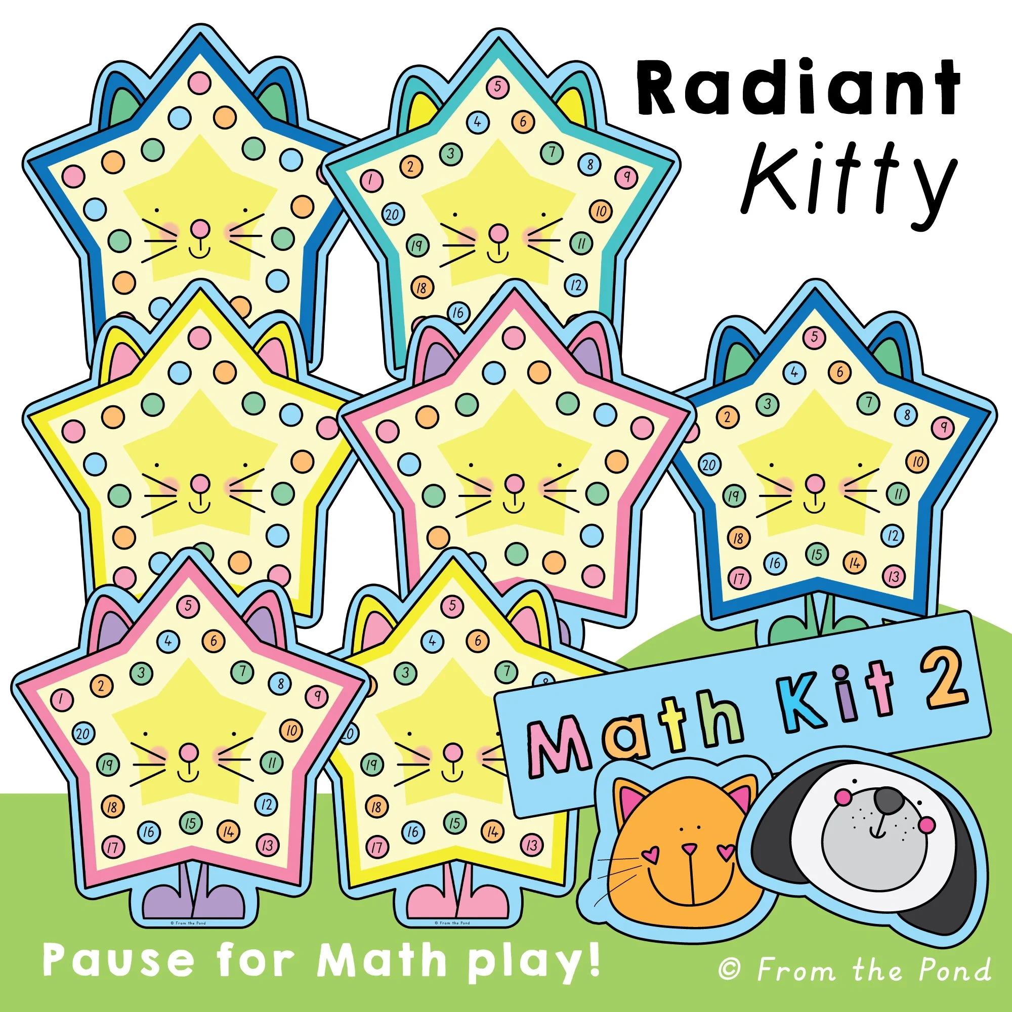  Radiant Kitty Math Mats – counting to 20, addition, and subtraction play mats for early math using bright cat-themed visuals to build number sense through hands-on activities 