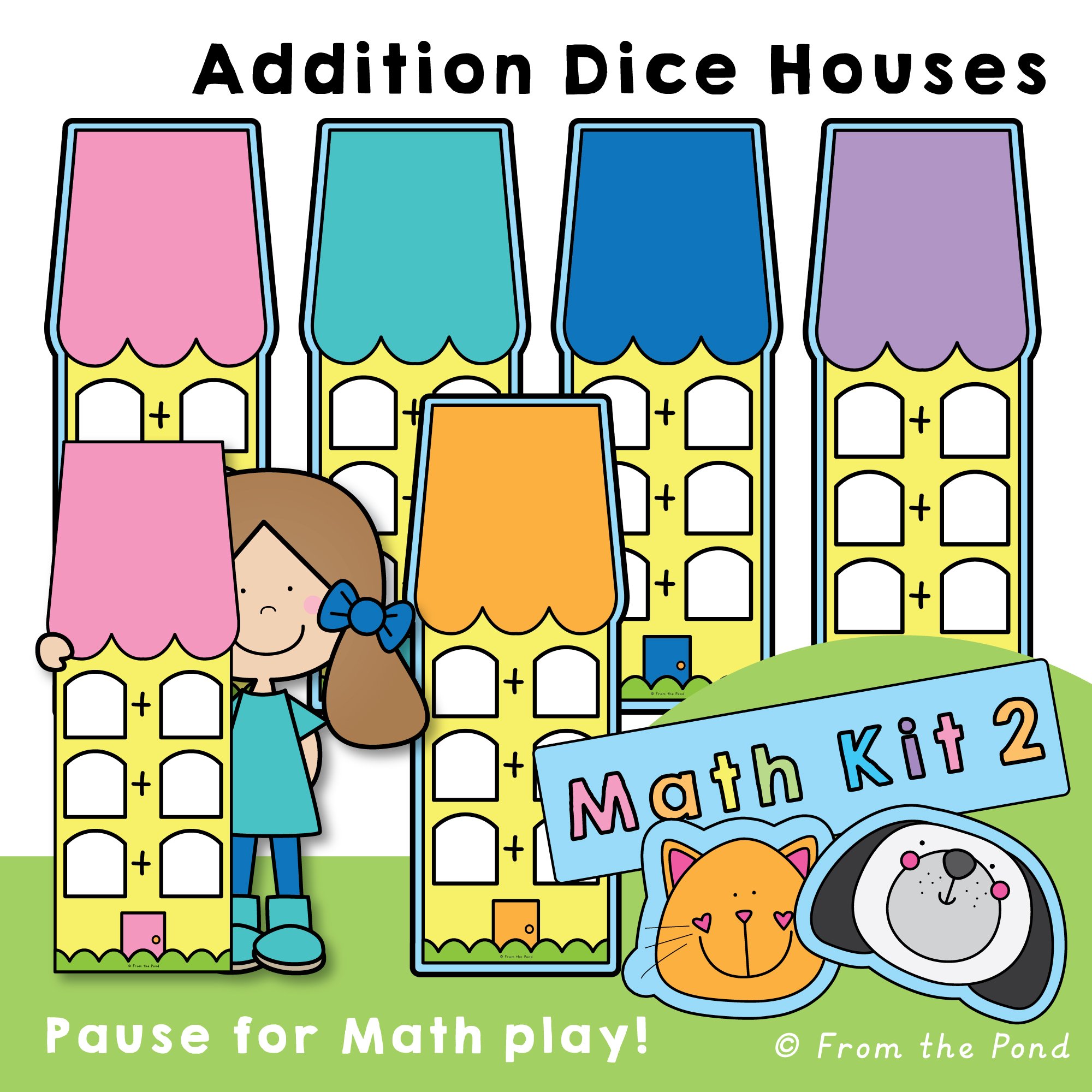  Addition Dice Houses Math Play Mats – Kindergarten addition mats using dice rolls to build number stories, find totals, and strengthen early addition and number sense through hands-on house-themed play 