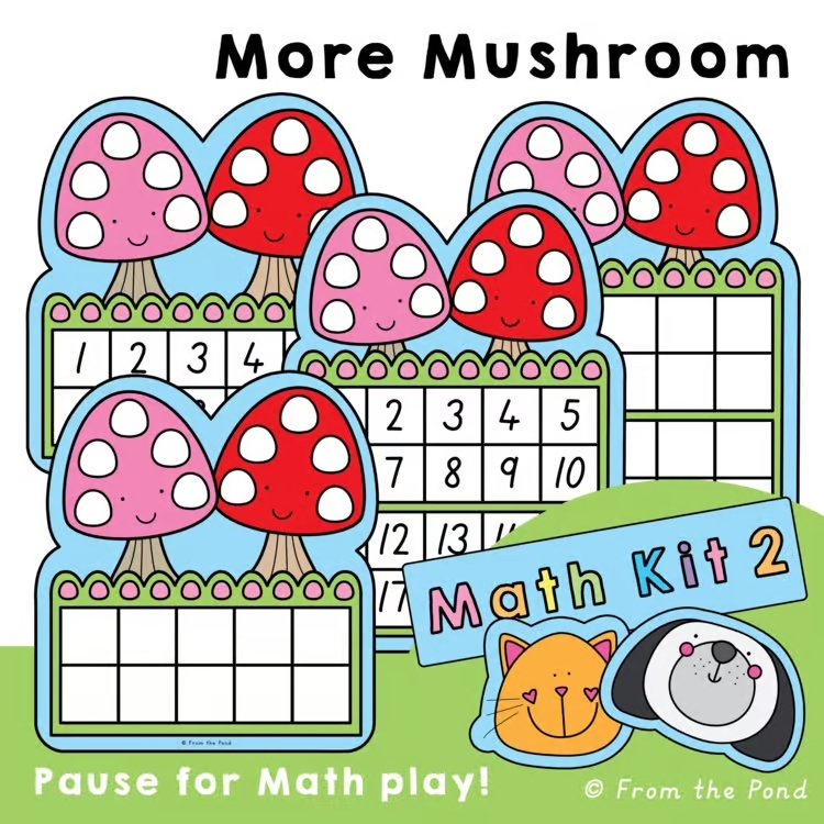  More Mushroom Counting Frames – make-10 math story play mats using mushroom ten-frames to build counting, addition, subitizing, and number sense through hands-on early math play 