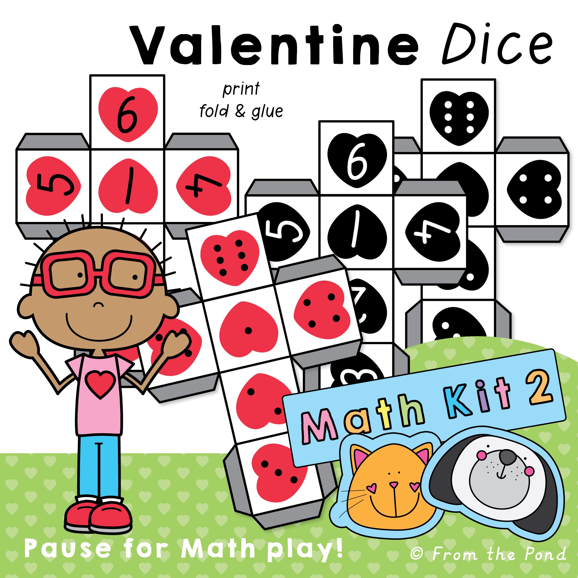  Valentine Heart Dice – free printable heart dice for counting, subitizing, and early addition games using dot patterns and numerals 1–6 for Valentine math centers 