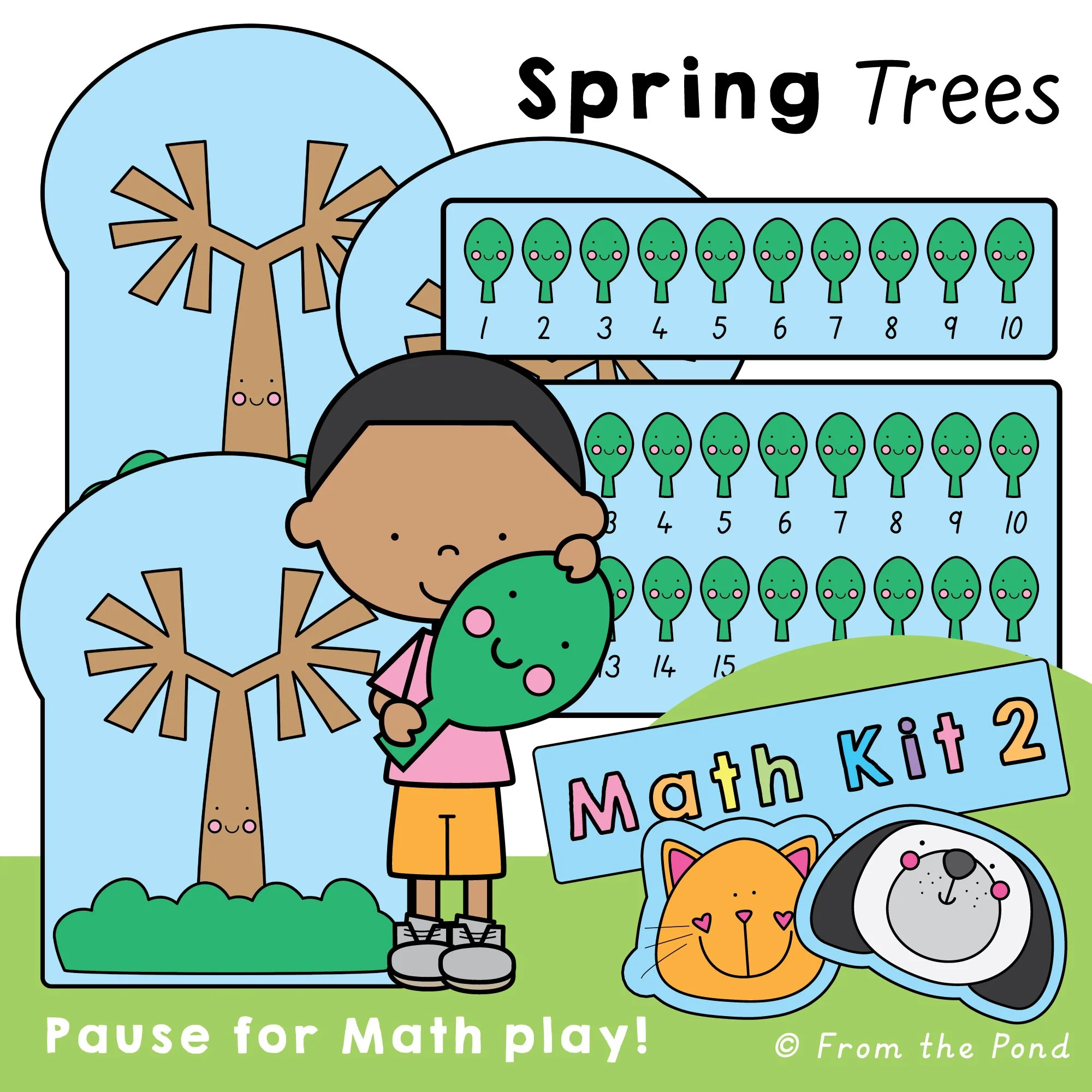  Spring tree counting math play mat for practising counting to 20, grouping by 5, number sense, and early addition strategies. Hands-on spring math activity for kindergarten and first grade students using counters, cubes, and playful number explorati