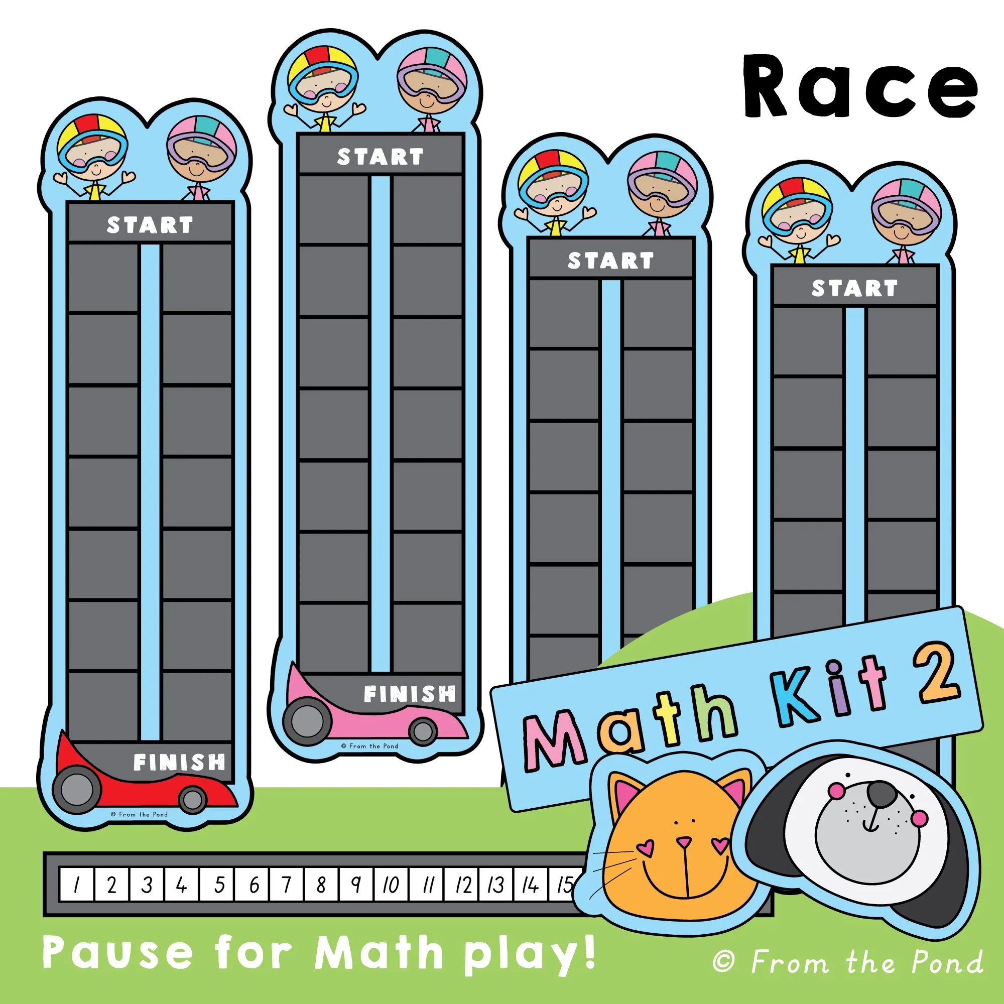  Race Dice math game kit for practising addition, subtraction, counting, and number fluency with engaging hands-on dice games. Fun printable math activities and play mats designed to build mental math skills, number sense, and fact fluency in kinderg