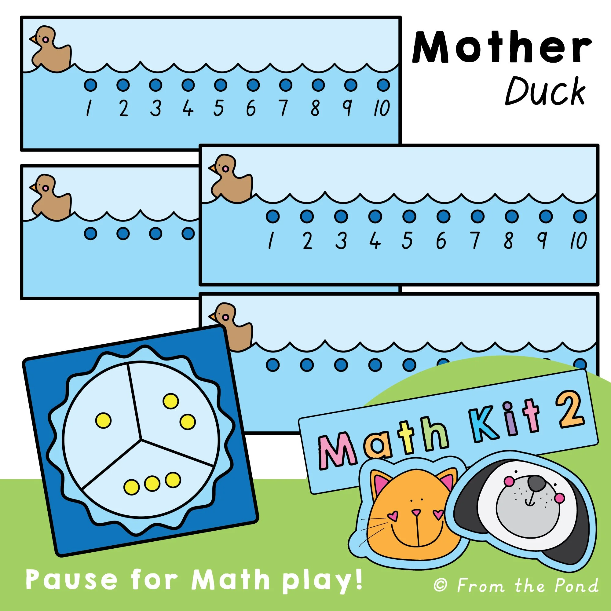  Mother Duck counting line math play mat with spinner for building early number sense, counting skills, addition, subtraction, and number story understanding. Hands-on duck themed math activity for kindergarten and first grade students using counting