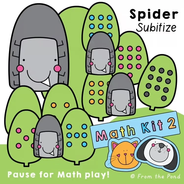  Spider Subitize dot pattern memory and addition math play mats for building number sense, subitizing skills, visual memory, and early mental math strategies. Fun spider themed math activities for kindergarten and first grade students learning dot pa
