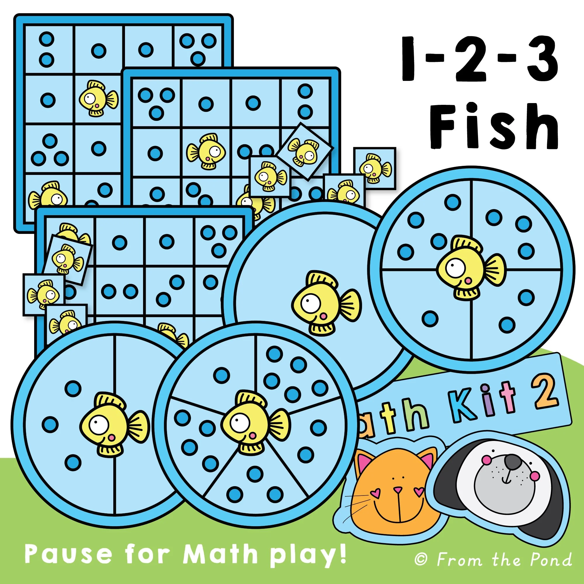  123 Fish subitizing and addition bingo game with spinners for building number sense, visual number recognition, and early addition fluency through hands-on math play. Fun fish themed math activities for kindergarten and first grade students practisi