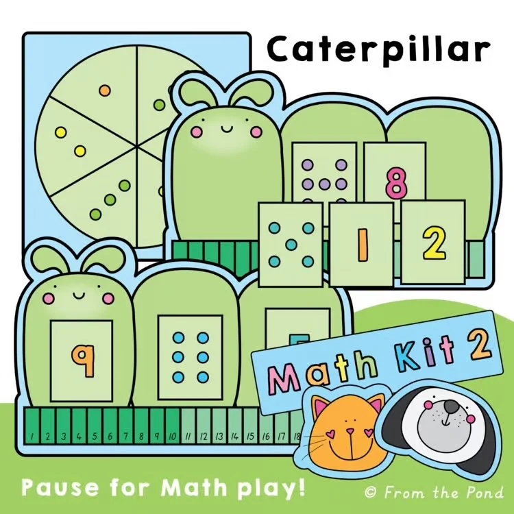  Caterpillar math play mats with counting to 20, addition, and number tracks for building early number sense through hands-on math exploration and playful learning. Fun caterpillar themed math activities for kindergarten and first grade students prac