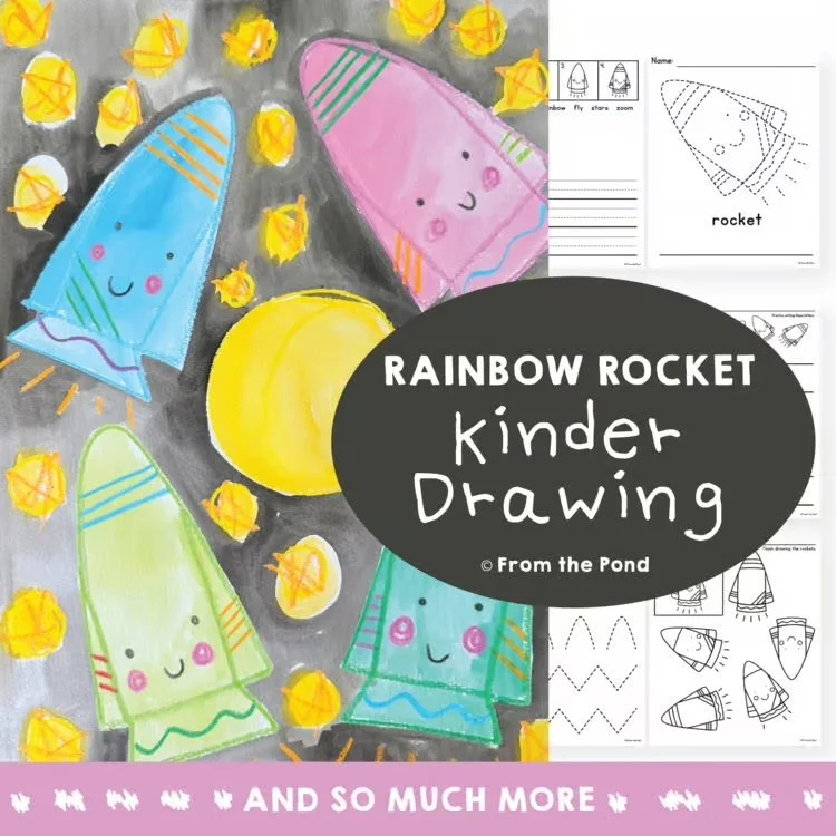  Rainbow Rocket directed drawing pack for imaginative art, fine motor development, and creative writing activities in early elementary classrooms. Fun rocket themed directed drawing and writing resource for kindergarten and first grade students build