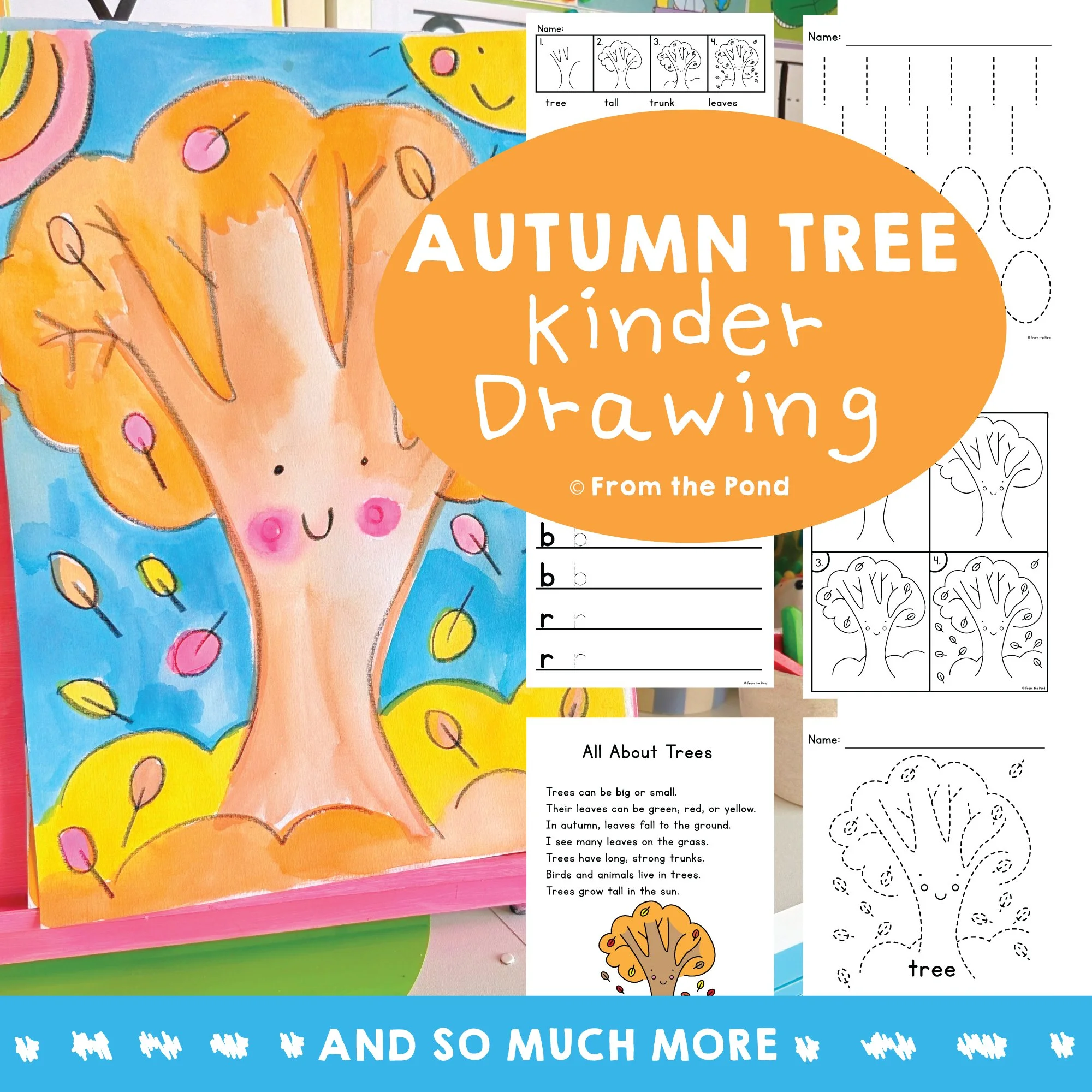  Autumn tree drawing and writing pack for kindergarten art, fine motor development, and seasonal literacy activities in early elementary classrooms. Engaging fall themed directed drawing and writing resource for kindergarten and first grade students 