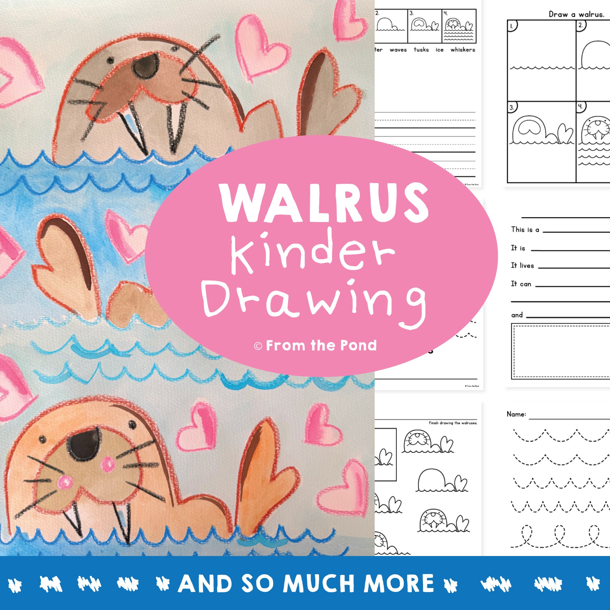  Walrus directed drawing pack for Arctic themed fine motor practice, handwriting development, and creative classroom art activities in early elementary learning. Engaging walrus directed drawing and writing resource for kindergarten and first grade s