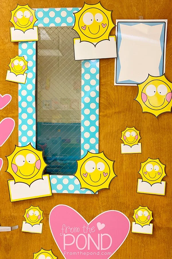  Sun door display with editable student name labels for creating a bright, welcoming classroom entrance, bulletin board, or window display. Cheerful sunshine themed classroom decor for kindergarten, first grade, and primary classrooms featuring edita