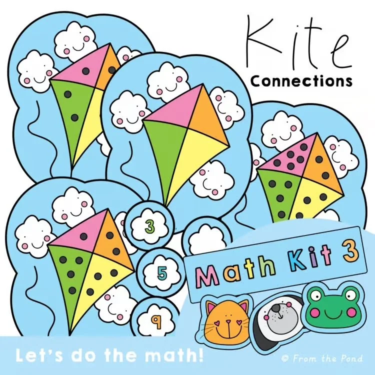  Addition fluency math games and number sense centers with colorful kite play mats, dot patterns, and number clouds to 20. Hands-on kindergarten and first grade activities for practising subitizing, counting on, number recognition, number bonds, addi