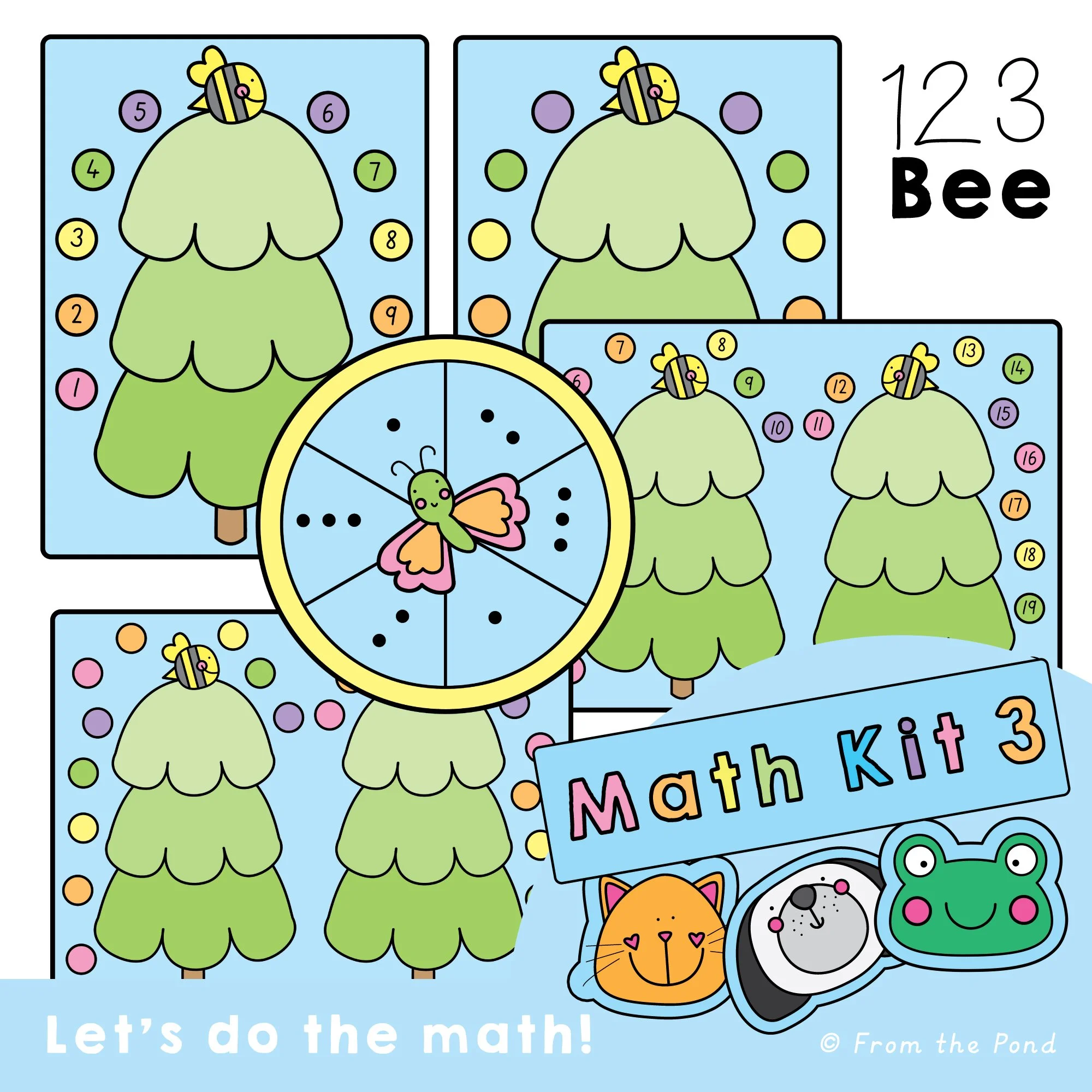  123 Bee counting to 20 math centers with tree play mats, bees, butterflies, number tracks, and a dot spinner for hands-on number learning. Engaging kindergarten and first grade activities for practicing counting, subitizing, addition, subtraction, n