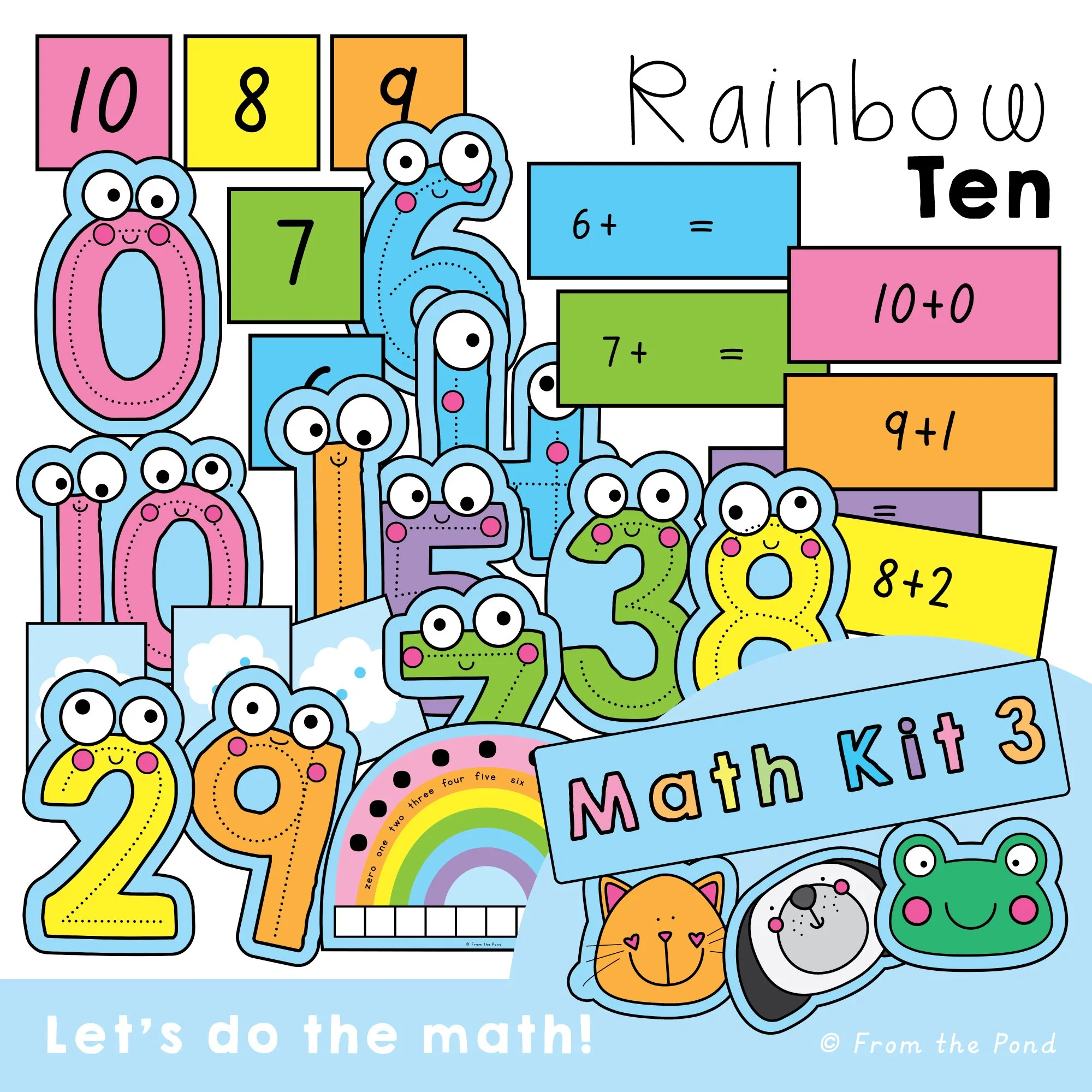  Making 10 math activities with rainbow number bonds, subitizing cards, numeral tracing, number words, dot patterns, and hands-on play mats for numbers 0–10. Engaging kindergarten math centers for practicing counting, making 10, addition facts, missi