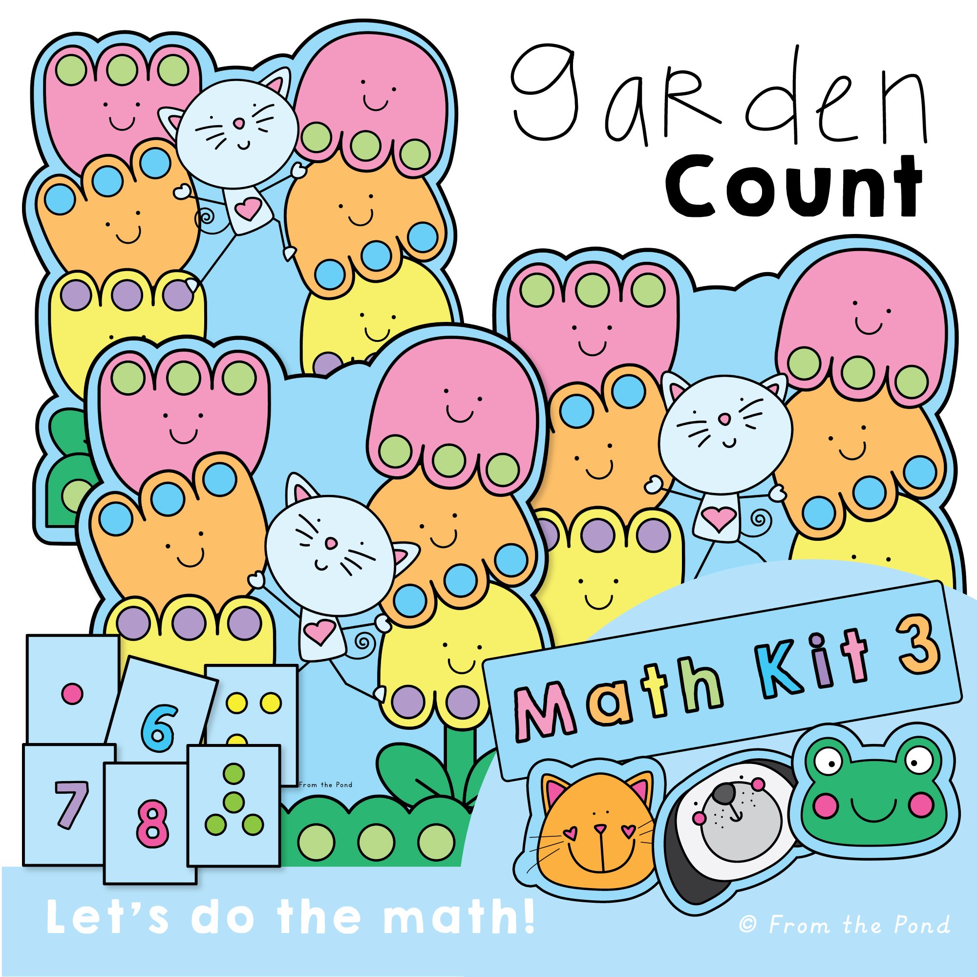  Garden Count number sense math centers for building quantities to 25 with kitten and flower play mats, number cards, counters, cubes, and other manipulatives. Hands-on kindergarten and first grade activities for practising subitizing, counting to 25
