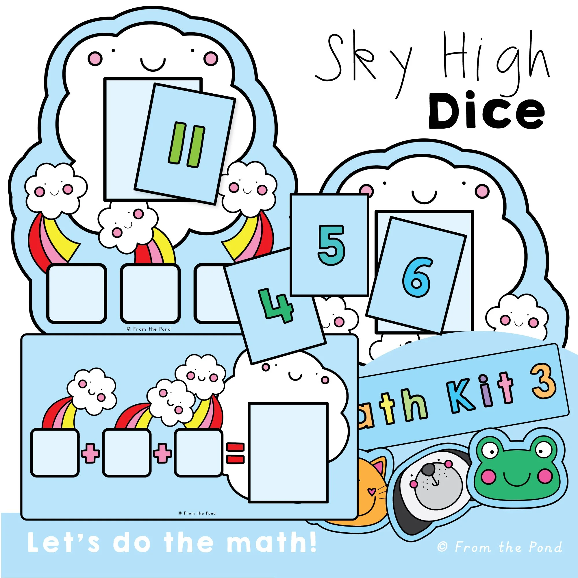  Adding three numbers math centers with Sky High Dice play mats, rainbow pathways, number cards to 18, and hands-on dice games for building addition fluency. Engaging kindergarten and first grade activities for practising addition within 18, counting