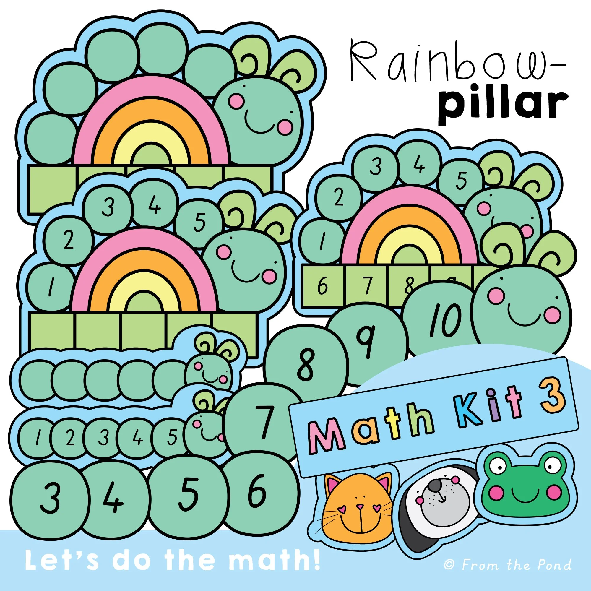  Rainbow-pillar numbers to 10 math centers with colorful caterpillar play mats, a 5 + 5 counting structure, and large number pieces for hands-on number learning. Preschool and kindergarten activities for practicing counting to 10, number recognition,