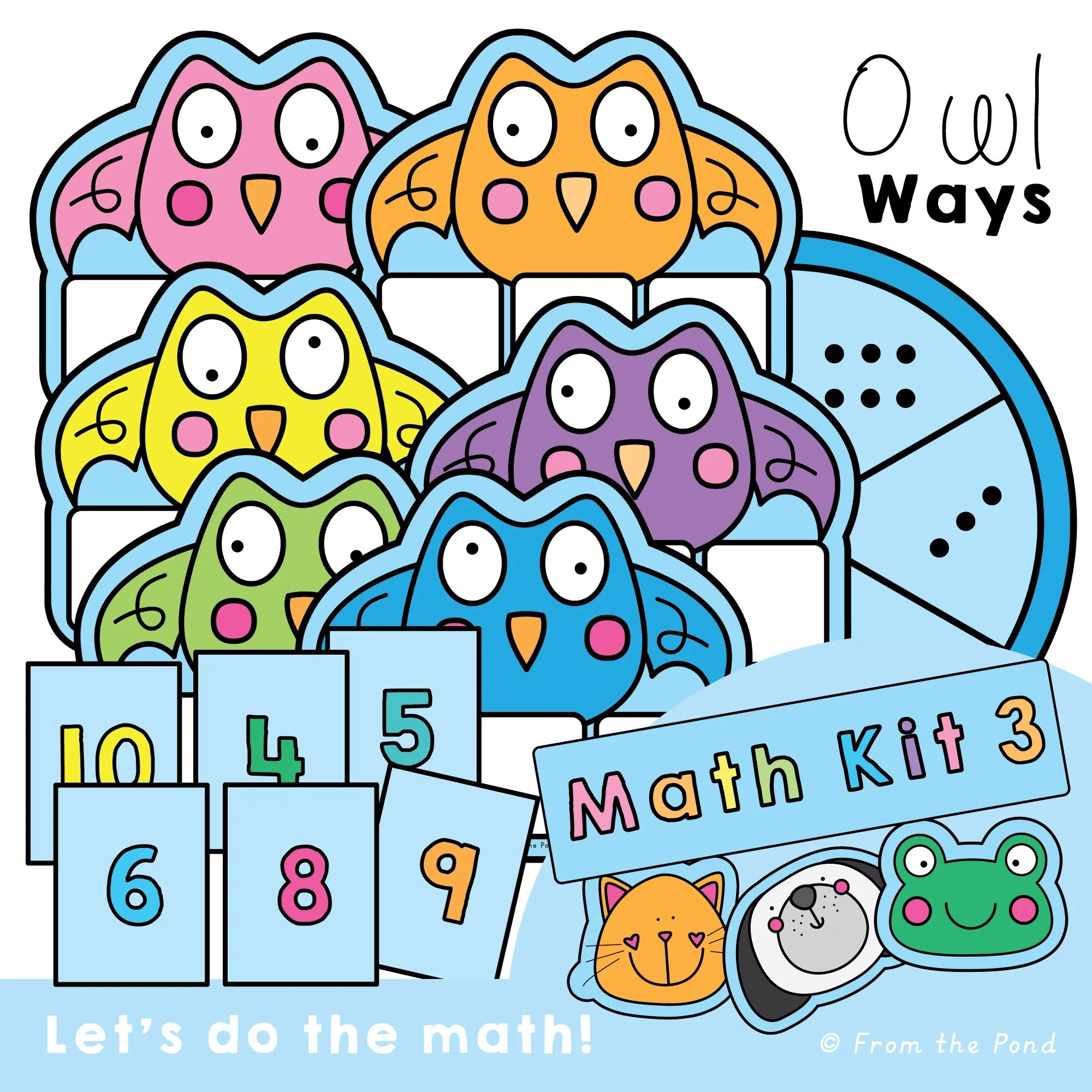  Owl Ways adding three numbers math centers with a three-space dice play mat, dot-pattern spinner, and numeral cards from 3–18. Hands-on kindergarten and first grade activities for practicing addition fluency, doubles, making 5 and 10, subitizing, nu