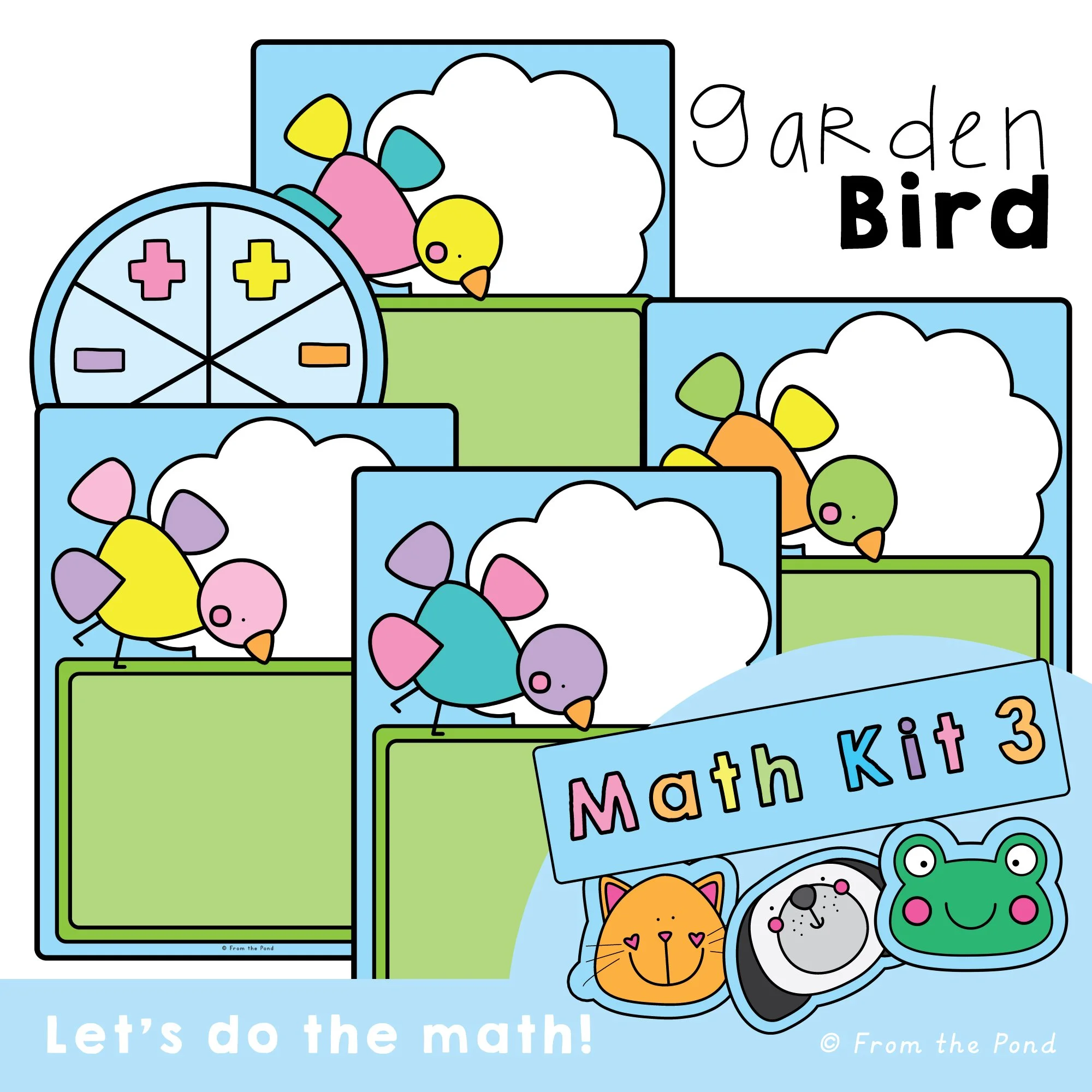 Garden Bird addition and subtraction math mats with colorful bird play mats and an action spinner for creating hands-on number stories. Kindergarten and first grade students add and remove counters, count on and back, compare starting and finishing 