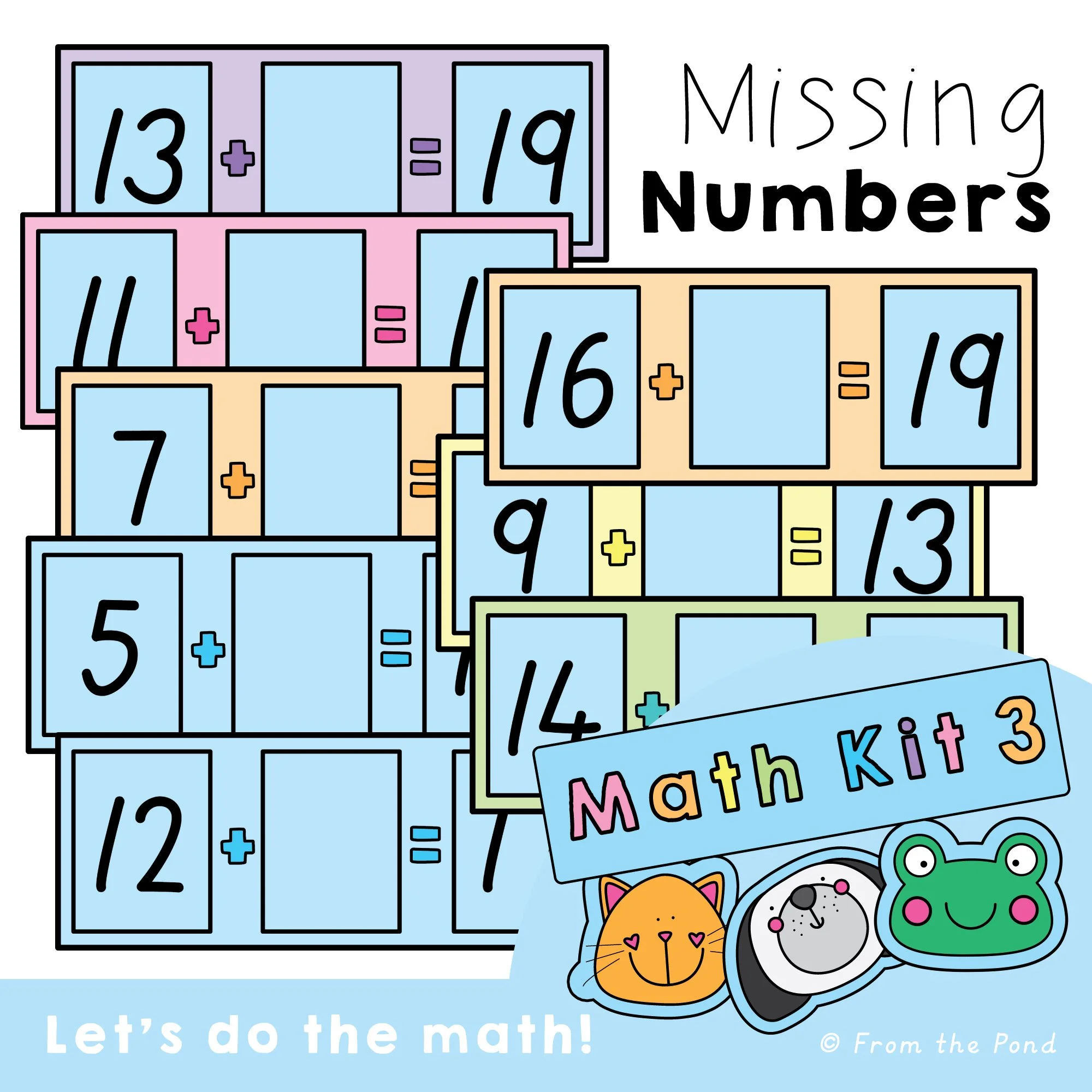  Missing addend task cards for teen number addition facts with totals from 10–20 and missing quantities from 1–6. Hands-on first grade math activities for practicing counting on, finding the difference, number bonds, part-part-whole relationships, ad