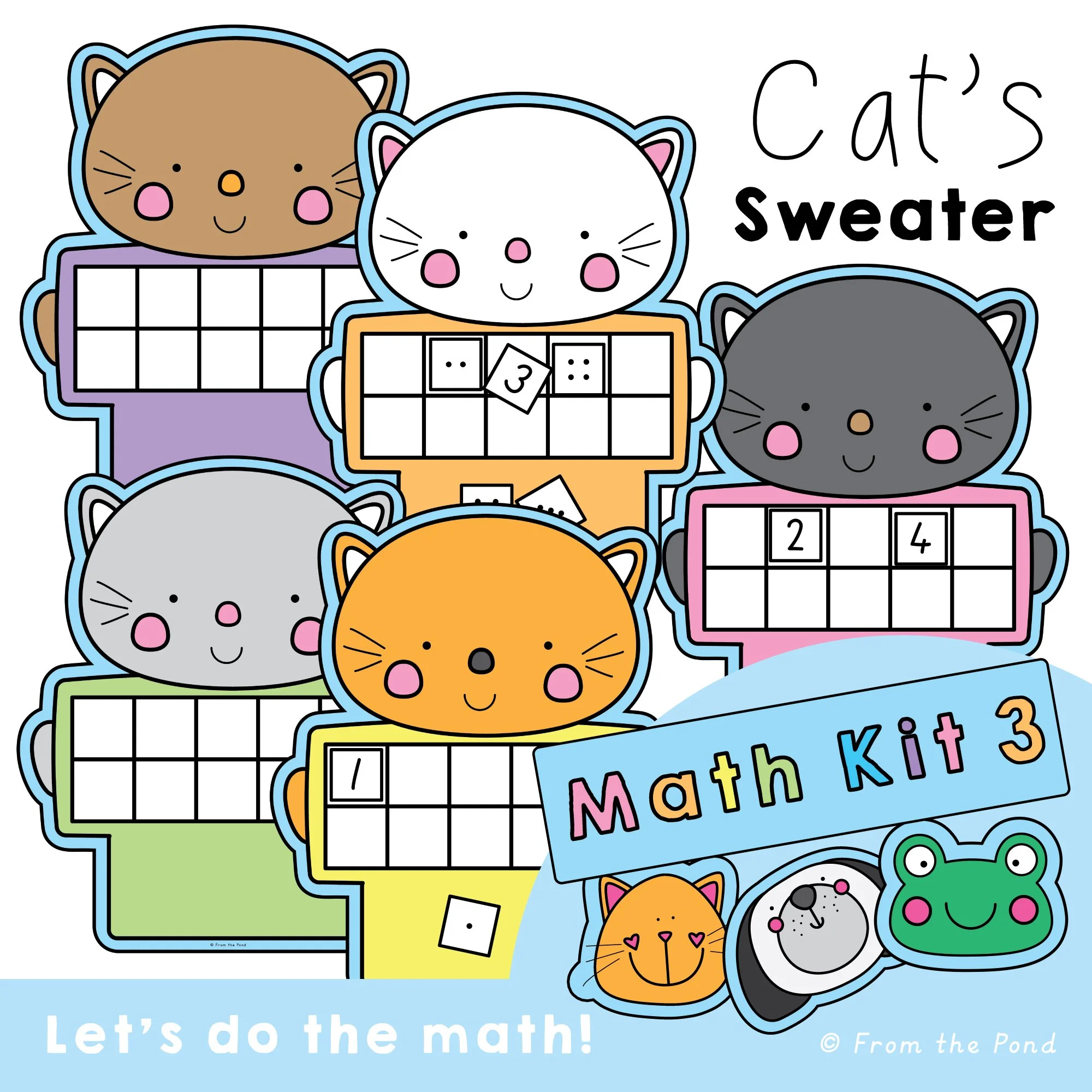  Cat’s Sweater ten-frame math activities with a cat-shaped play mat, numeral tiles 1–10, dot-pattern number cards, and 1–3 dot cards for adding small quantities. Kindergarten students build numbers, count to 10, subitize, count on, make 10, find miss