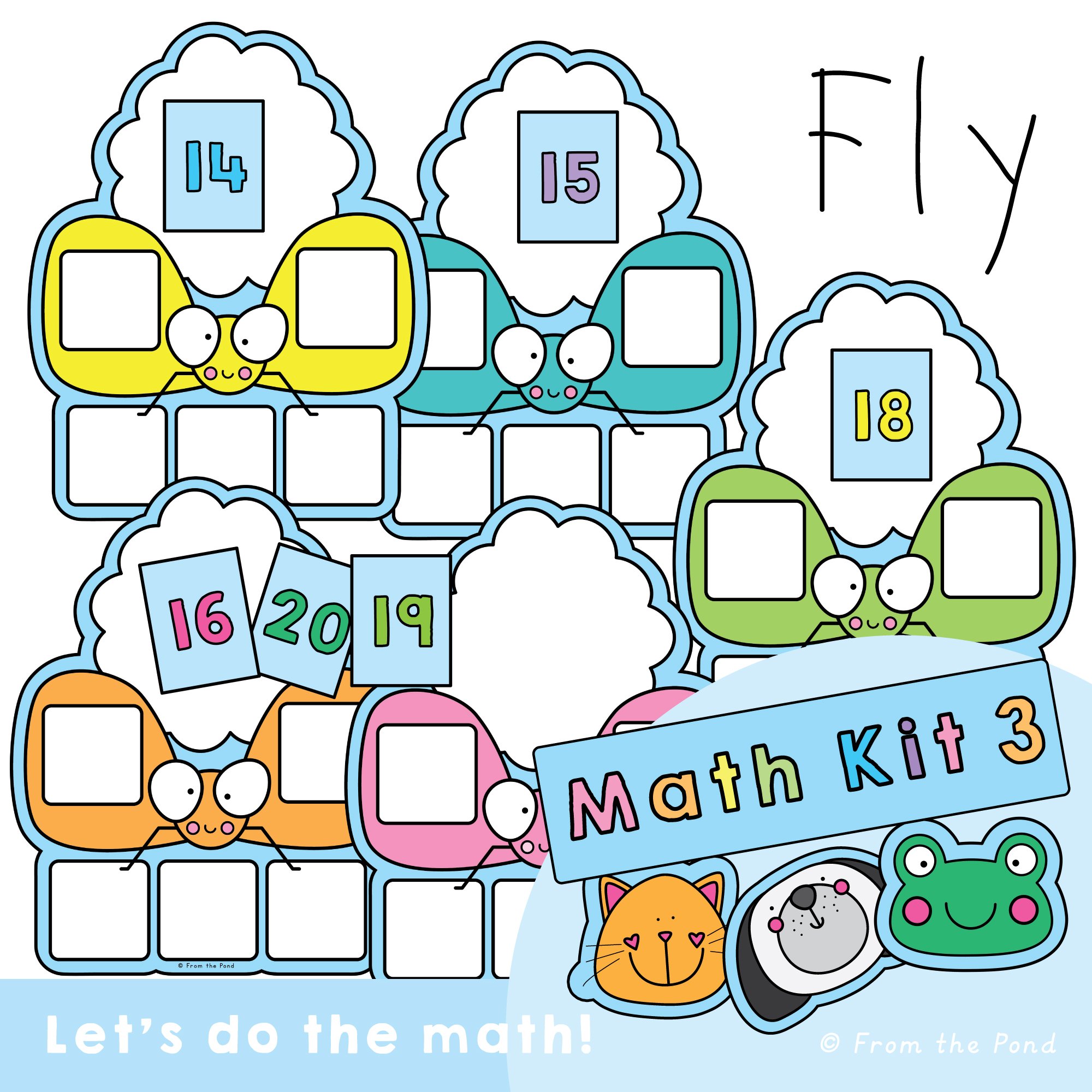  Fly mental math addition play mat with spaces for dice, number tiles, counters, and written numbers, plus a target cloud and number cards 10–25. First grade students physically build, break apart, rearrange, and recombine numbers to practice making 
