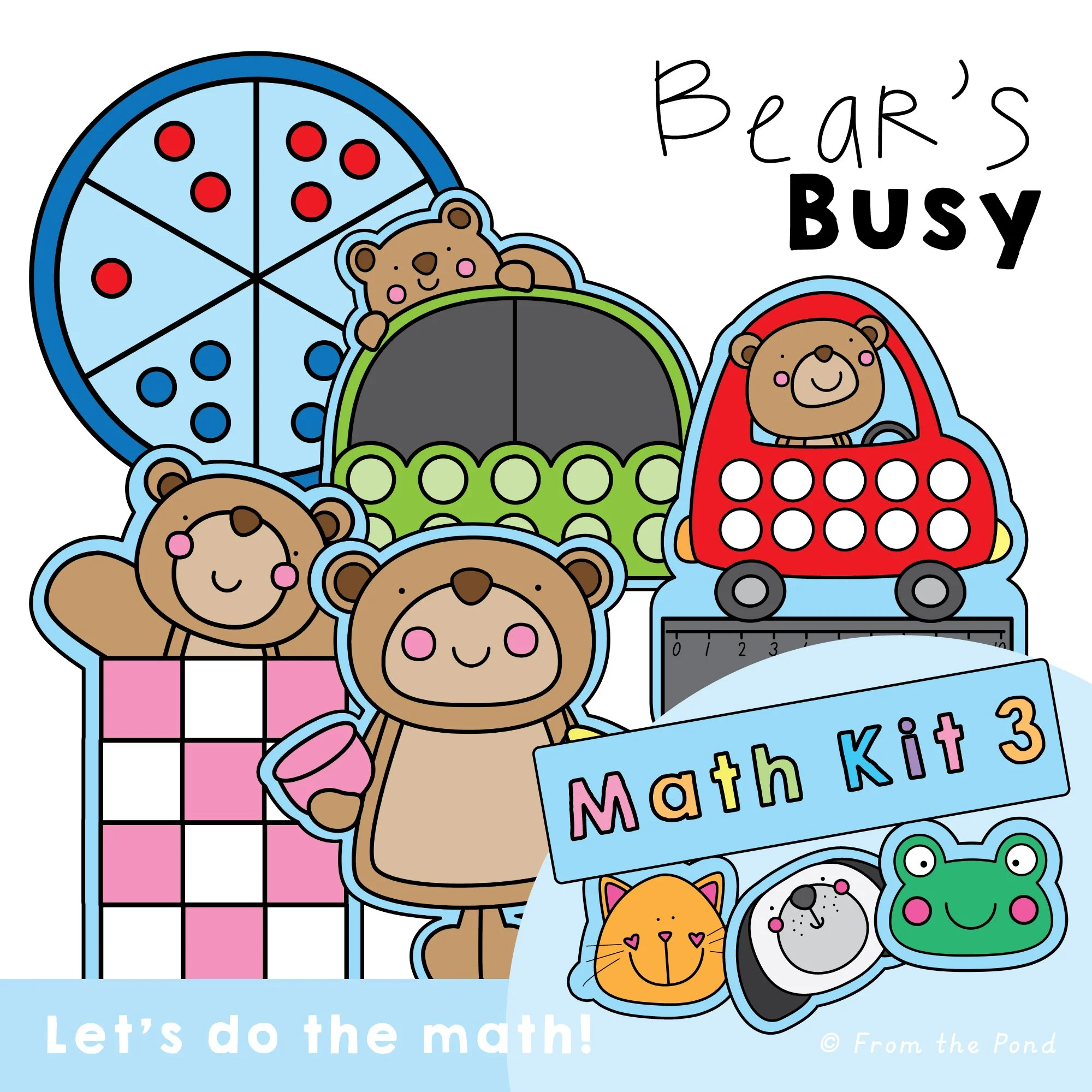  Bear’s Busy number sense math mats with four bear-themed play spaces and a 1–3 dot berry spinner for hands-on counting, addition, subtraction, and number relationships. Kindergarten and first grade students make 5 and 10, build number bonds, use a 0