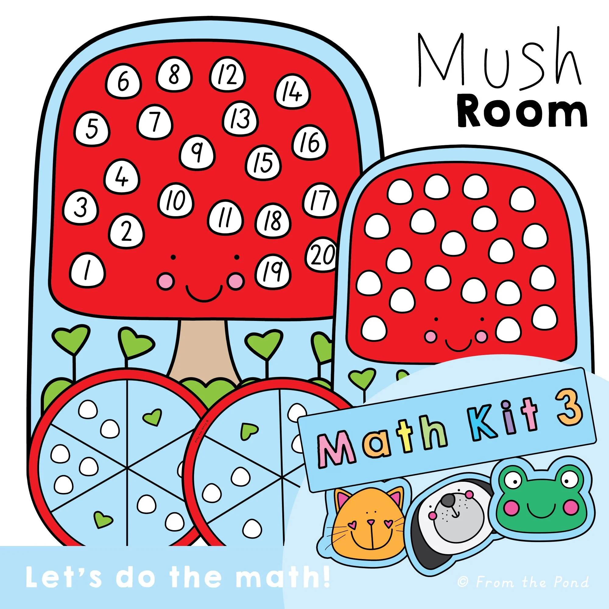  Mush Room numbers 1–20 math games with numbered and plain mushroom play mats, a leafy garden play area, and a 6-section spinner showing 1–3 dots and special sprout spaces. Kindergarten and first grade students practice number recognition, counting t