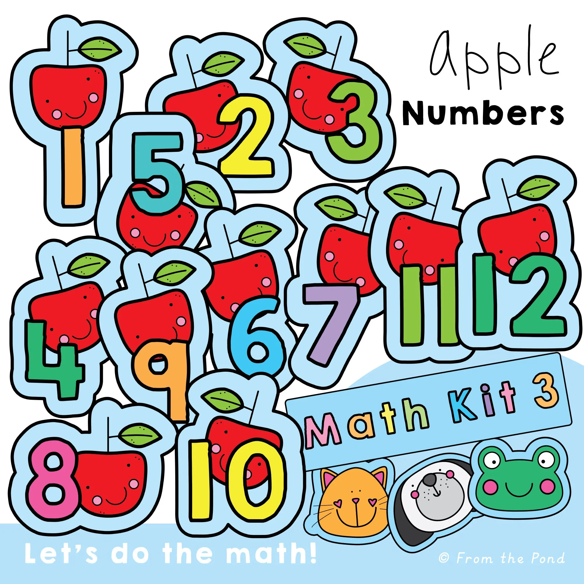  Apple Numbers 1–12 math mats with large numerals and cheerful apple illustrations for hands-on number play, dice games, and autumn math centers. Preschool and kindergarten students practice number recognition, counting, one-to-one correspondence, nu