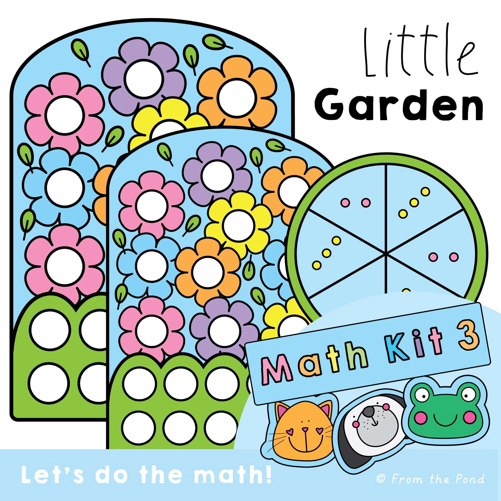  Little Garden making 5 and 10 math activities with a structured ten frame, 10 scattered flower spaces, and a 6-section spinner featuring the numbers 2 and 3. Kindergarten and first grade students build, move, combine, and partition quantities to pra