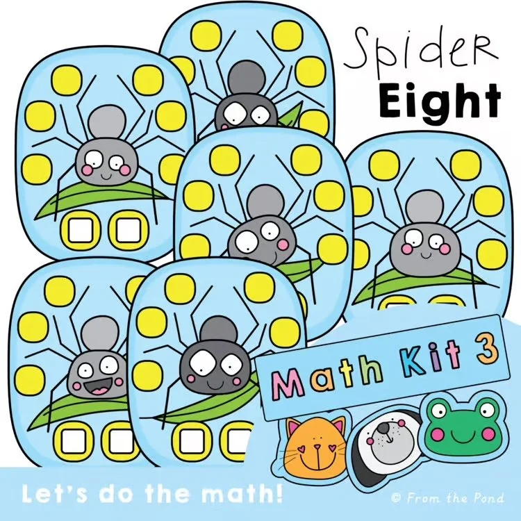  Spider Eight addition strategy math games with six spider-themed play mats featuring eight dice spaces and two strong front-leg spaces for selecting useful number pairs. Kindergarten and first grade students search for doubles, near doubles, combina