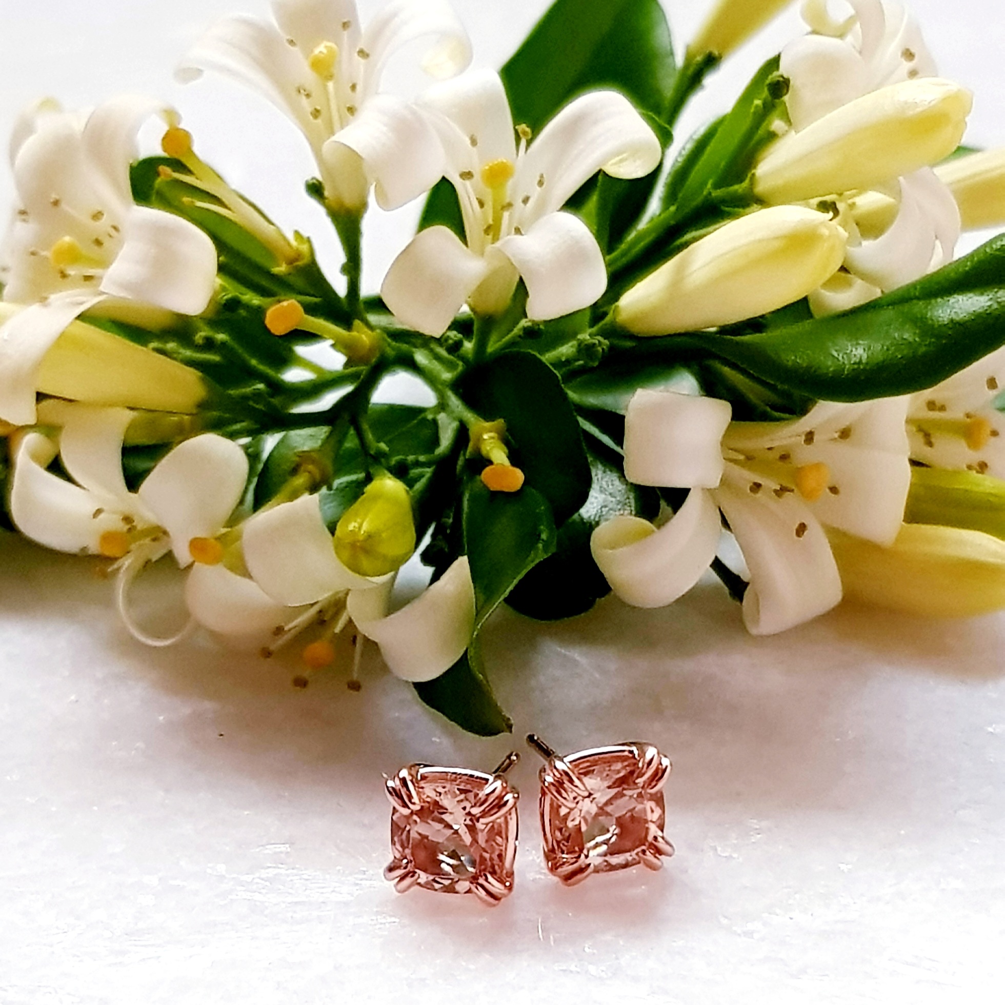 Romantic Rose Gold &amp; Square Cushion Cut Pink Morganite Stud Earrings Custom Designed House of Frost