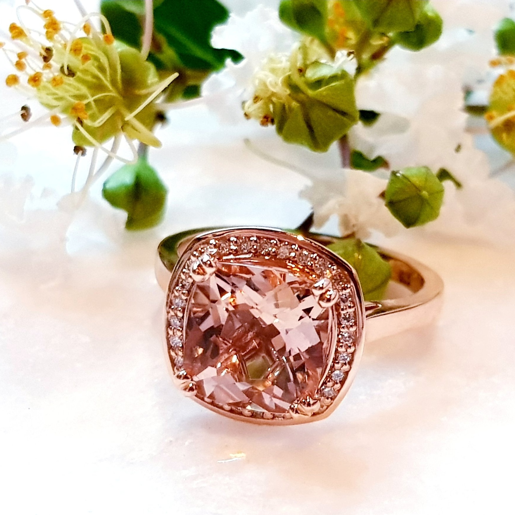 Custom Designed Rose Gold Morganite and Diamond Halo Ring