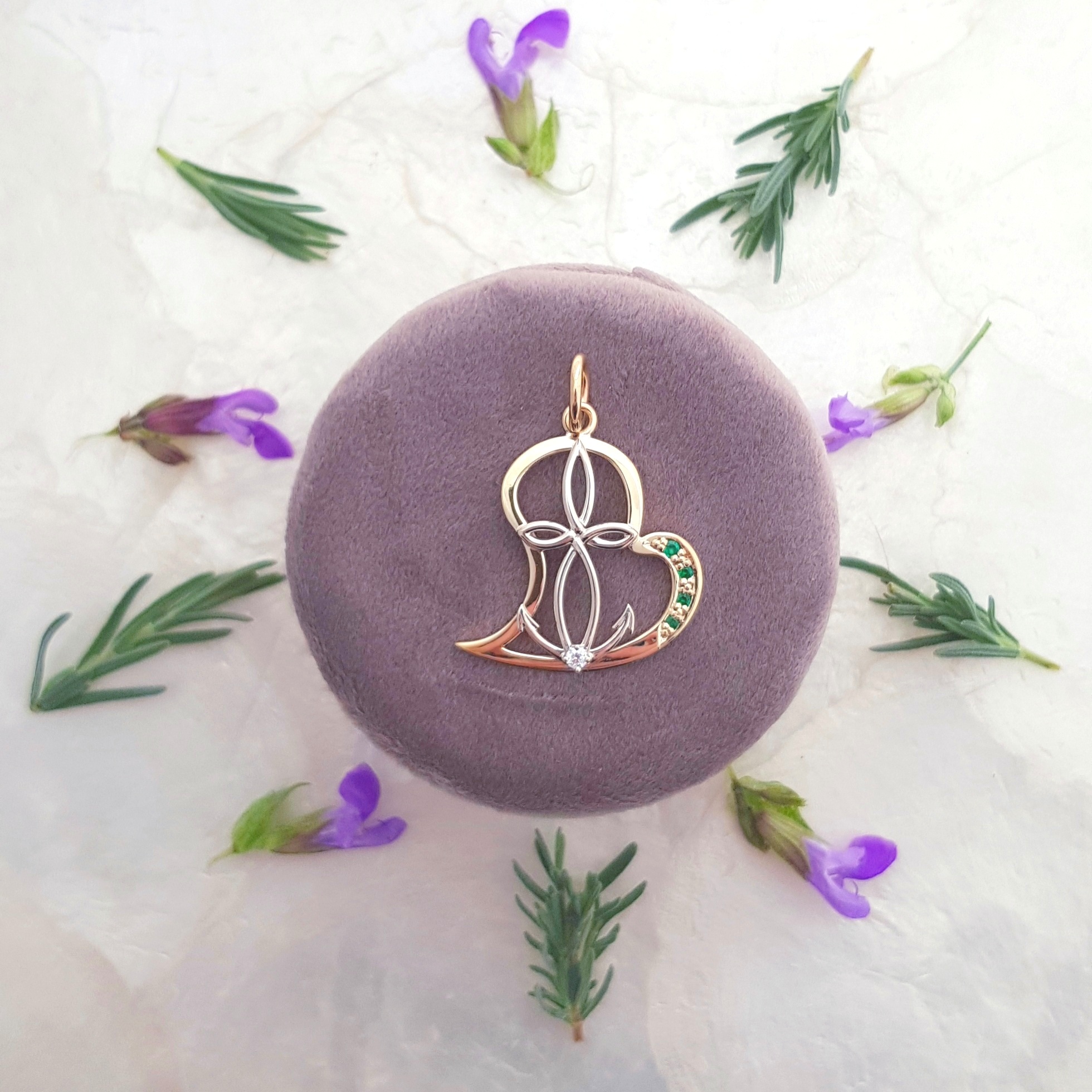 Yellow Gold and White Gold Faith Hope and Love Pendant with elegant celtic inspired features and set with natural emeralds &amp; diamond. Custom Made Quality Jewellery by House of Frost Jewellery