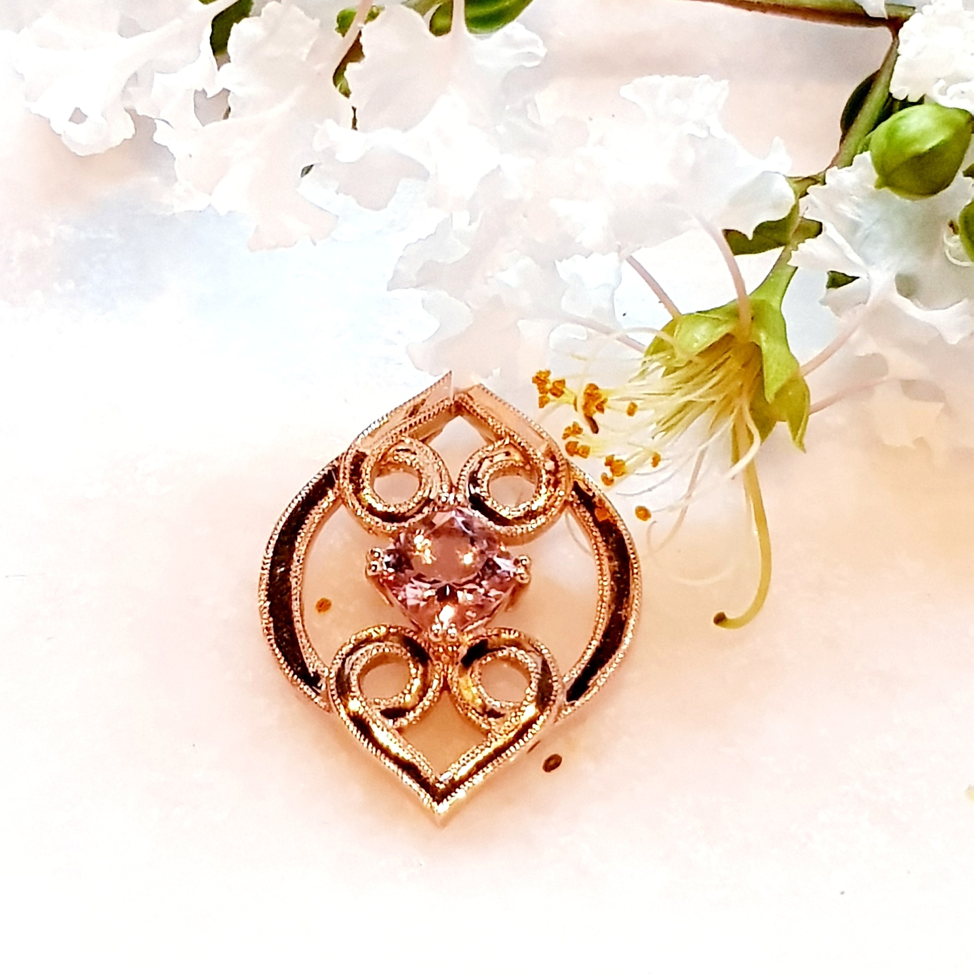 Rose Gold Celtic Heart Inspired Slider Pendant set with Pink Cushion Cut Morganite elegant mill grain border. Custom Made Bespoke jewellery by House of Frost