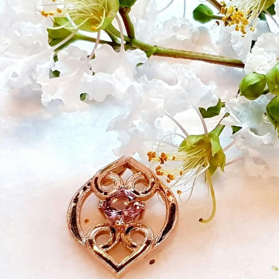 Flashback to this House of Frost original design. Featuring a little a stunning pink cushion cut morganite in romantic rose gold. This piece gave a little nod to vintage a slight hint of Celtic and was wholly my client. I just love how unique pieces 
