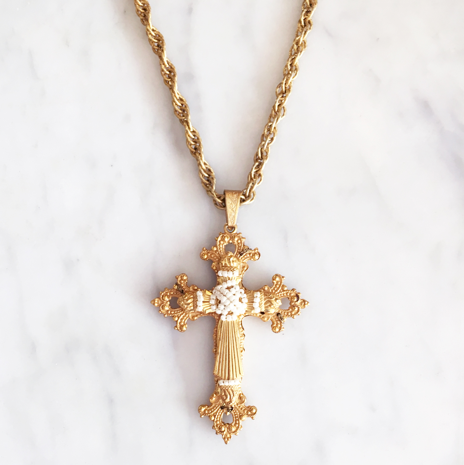 Miriam Haskell Gold Cross — Twin Hearts Vintage