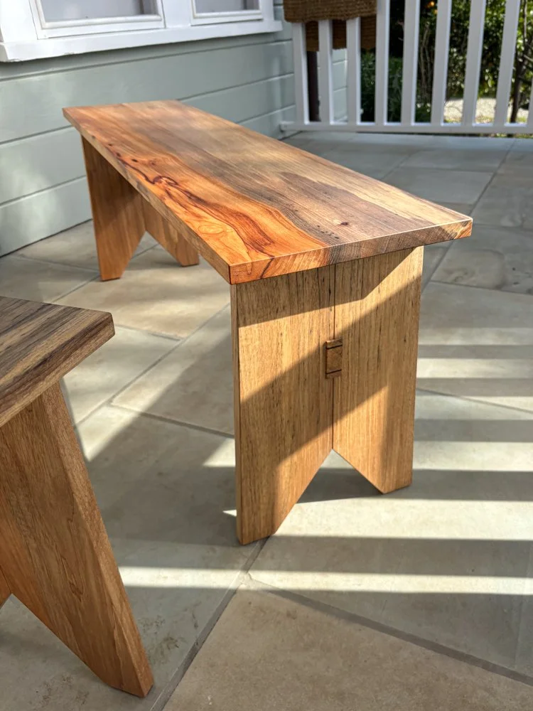 Matching pair of benches in Pecan, wedged thru tenons for the stretcher.