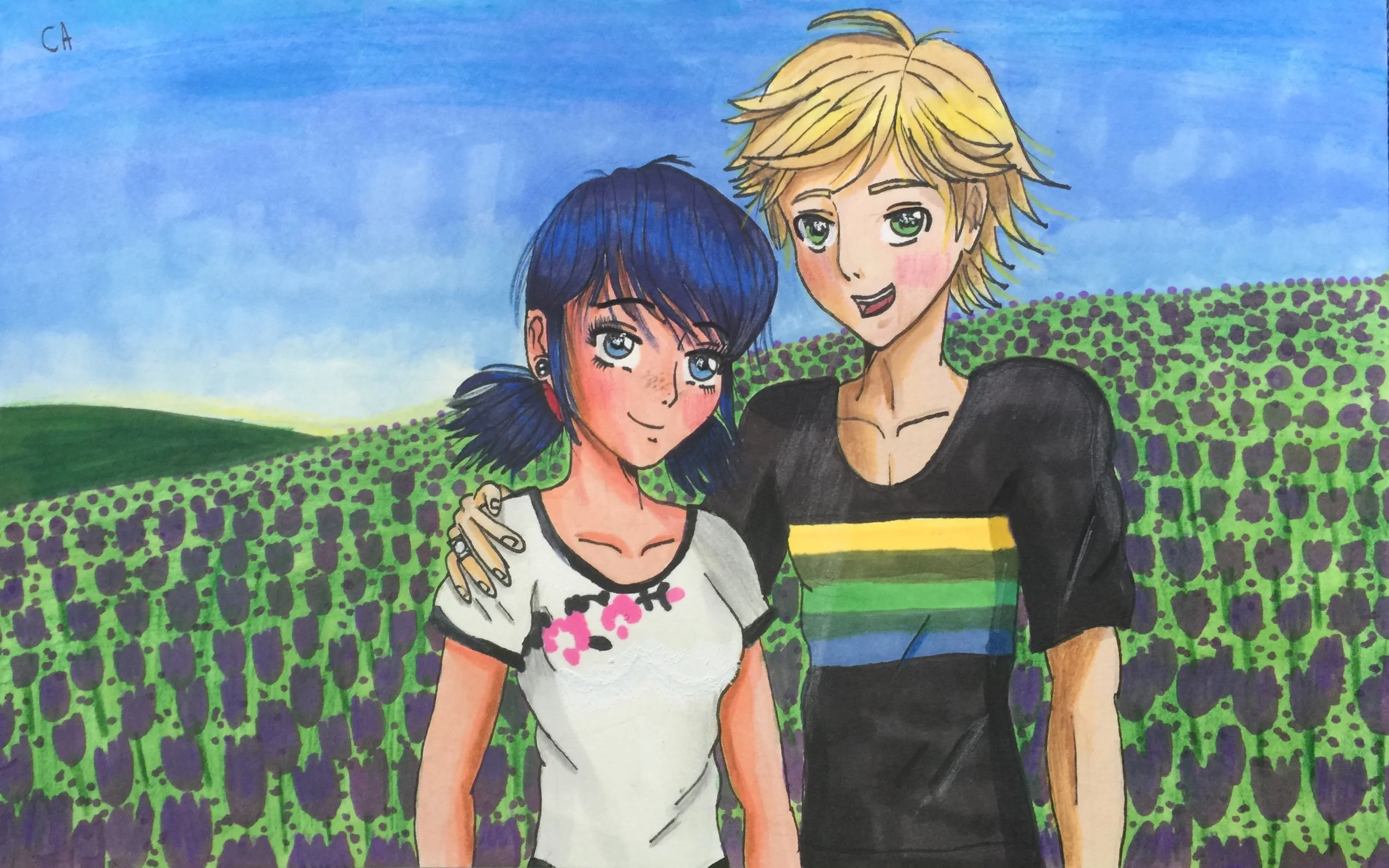 Marinette and Adrien in the flower fields