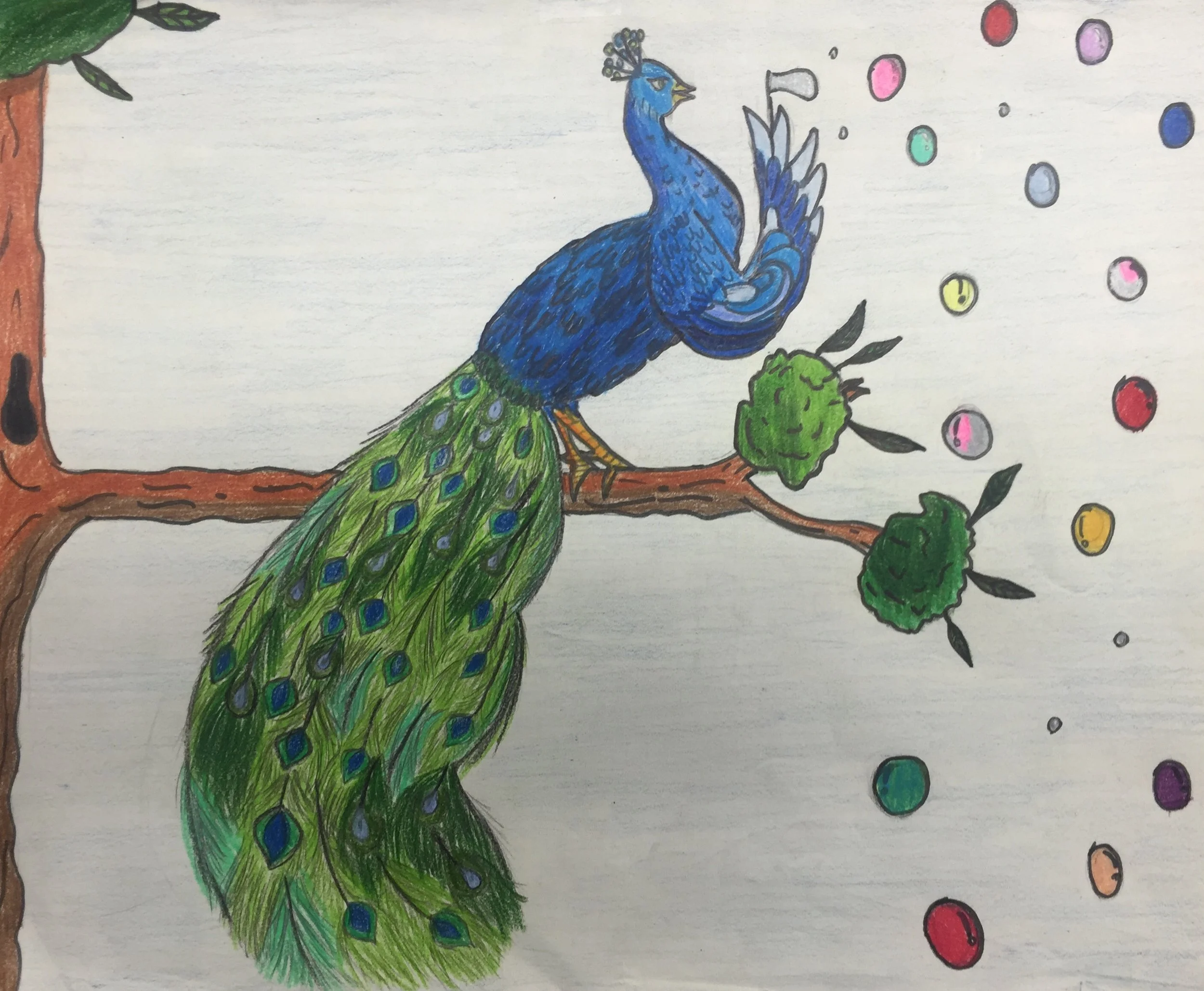 Peacock in a tree blowing bubbles
