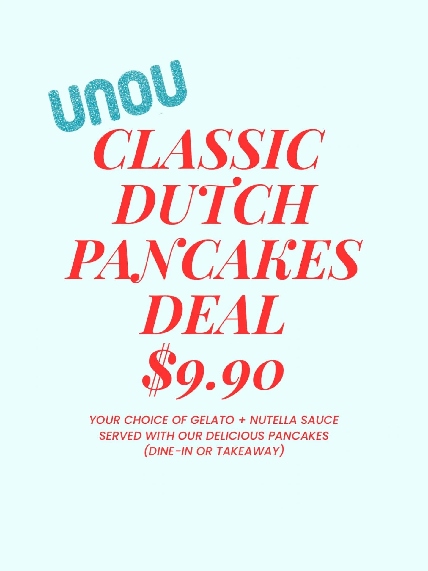 🔥 Our Classic Dutch Pancake Deal is HERE! 🔥

Treat yourself to our delicious, fluffy Dutch pancakes &mdash; served with:
🍨 Your choice of gelato scoop
🍫 Your choice of sauce

All for just $9.90 😍

Available in-store &amp; takeaway &mdash; don&rs