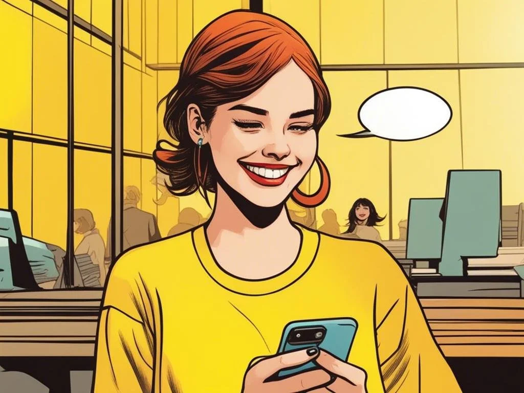 A young woman with red hair wearing a yellow shirt, smiling and looking at her phone, in a busy computer lab or office environment with other people working in the background.