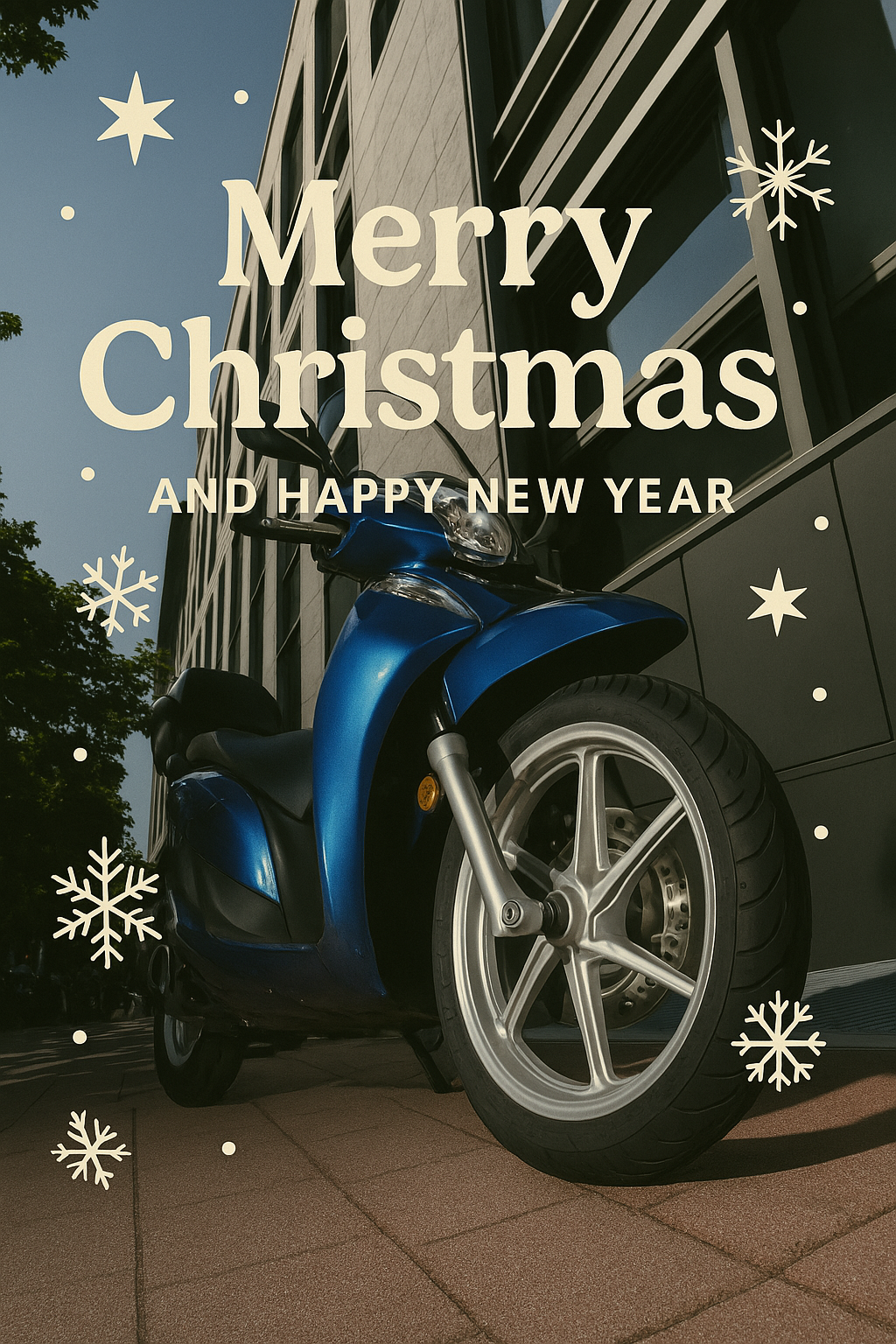 A blue motorcycle parked outside a modern building with a holiday greeting overlay that says 'Merry Christmas and Happy New Year' along with snowflake and star decorations.
