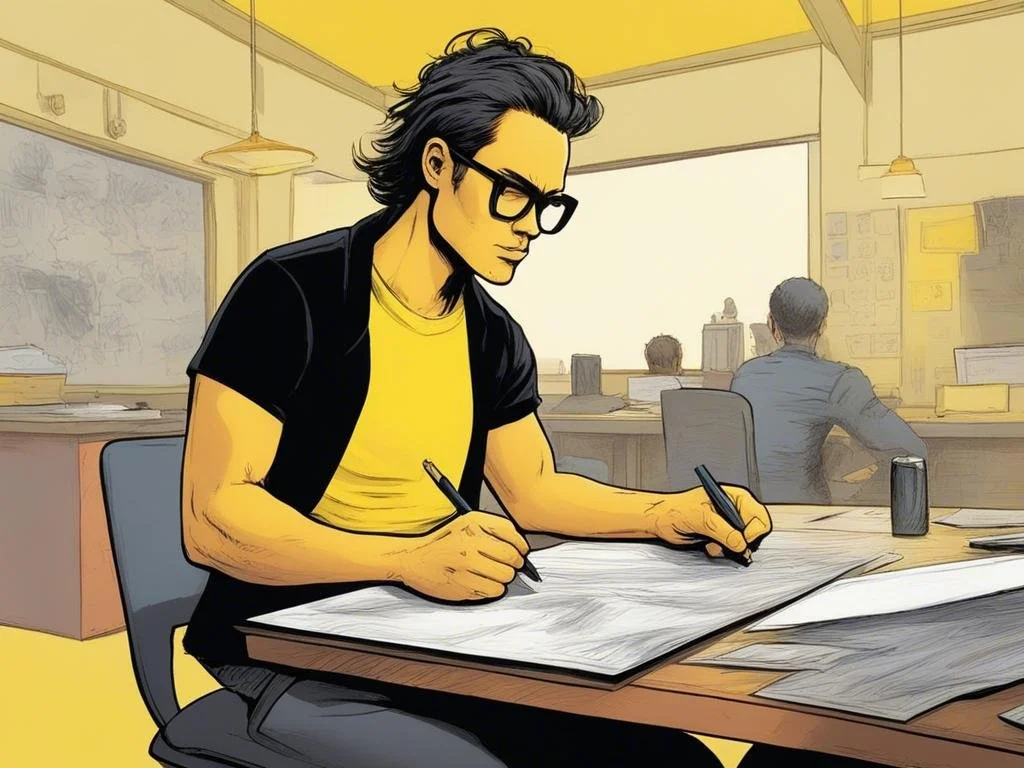 A young man with black hair, glasses, wearing a yellow shirt and black jacket, sitting at a desk in a classroom or office, writing on large sheets of paper with a black pen, while other people work at desks in the background.