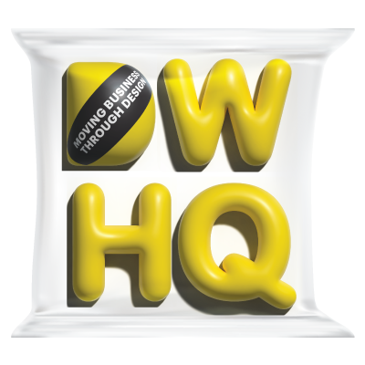 Yellow 3D letters spelling 'DWO HQ' with a black label on the 'D' that reads 'Moving Business Through Design'